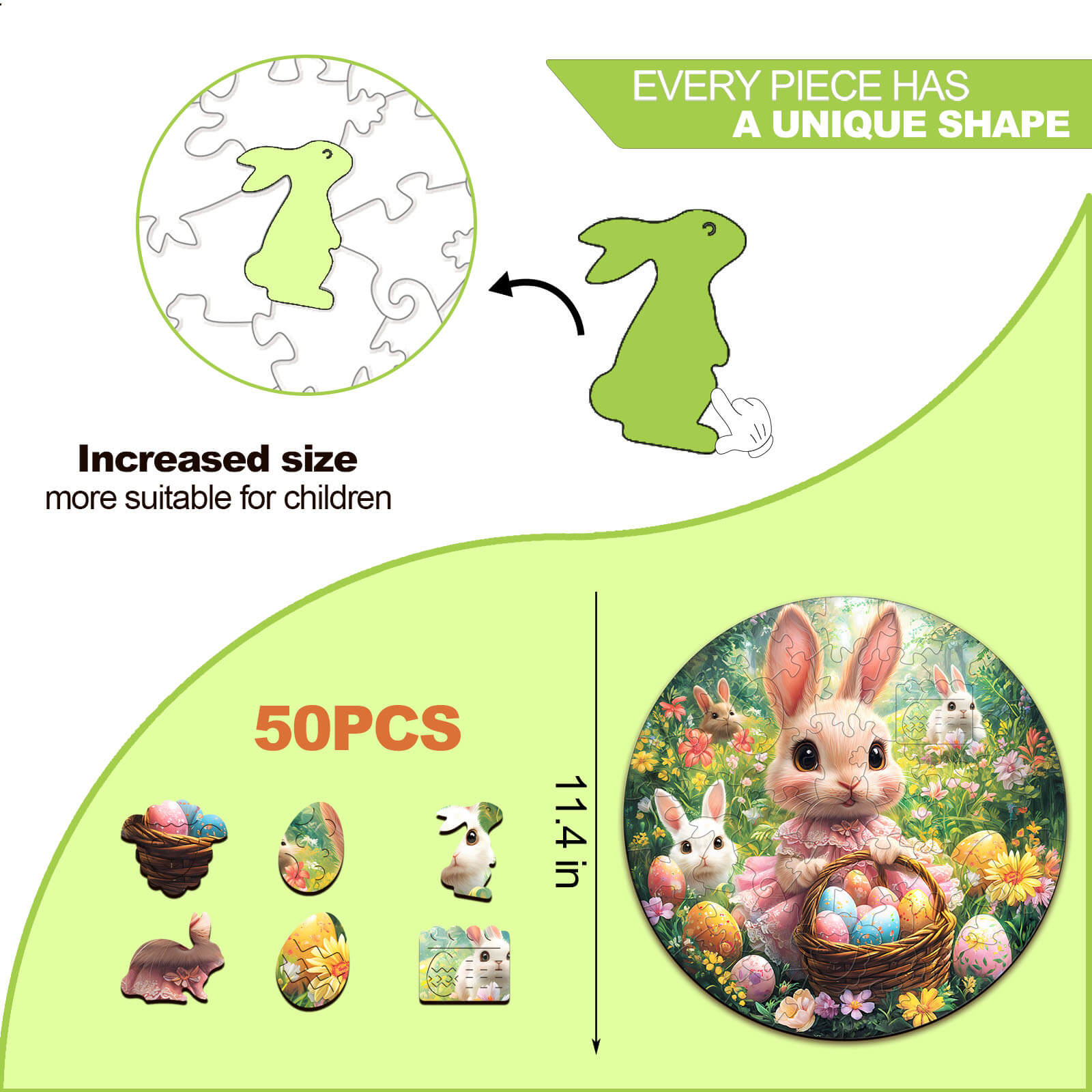 Cute Easter Bunny wooden jigsaw puzzle for children, featuring unique shapes and vibrant colors, 50 pieces.