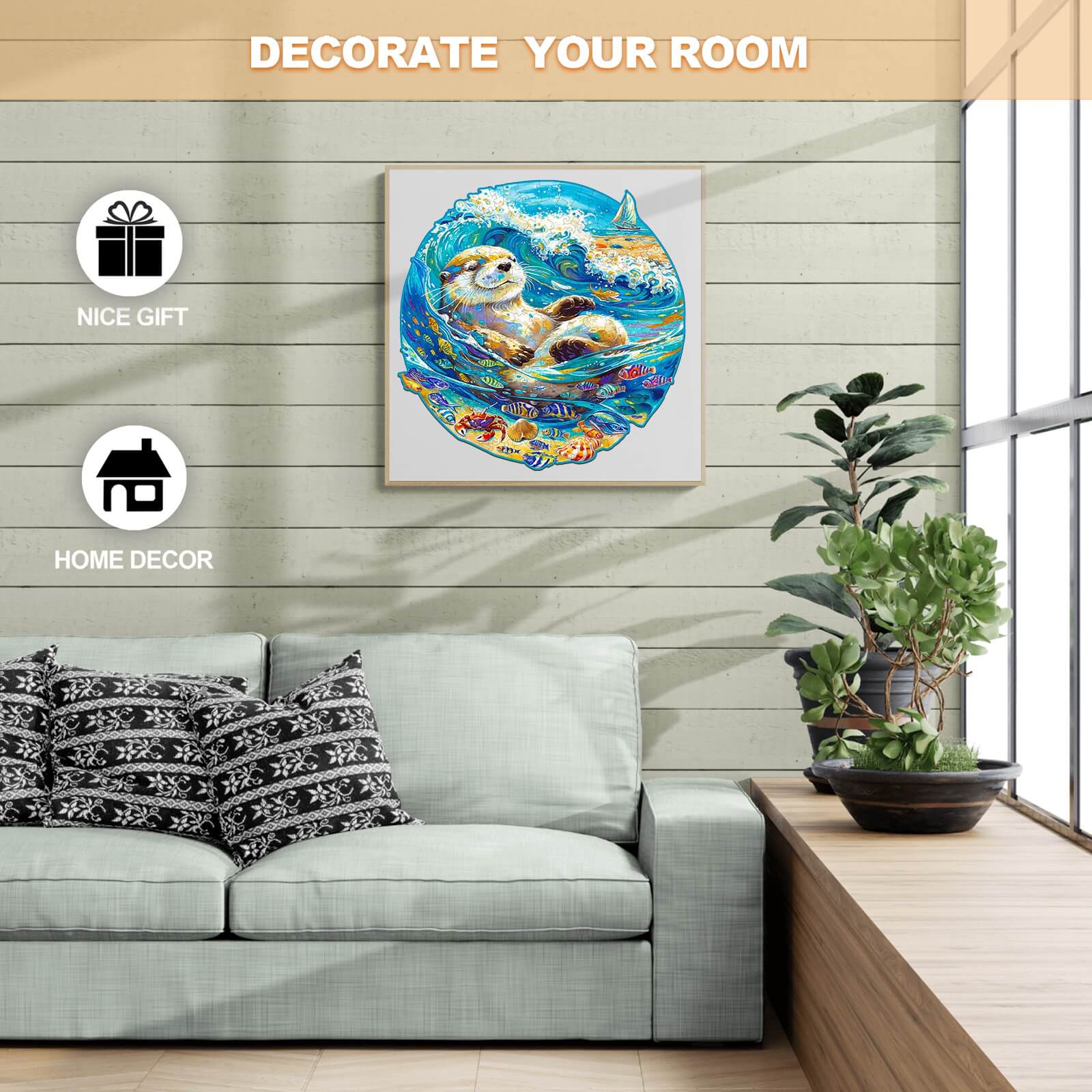 Leisurely Otter wooden jigsaw puzzle decor on a wall above a couch, ideal for home decor and gifts.