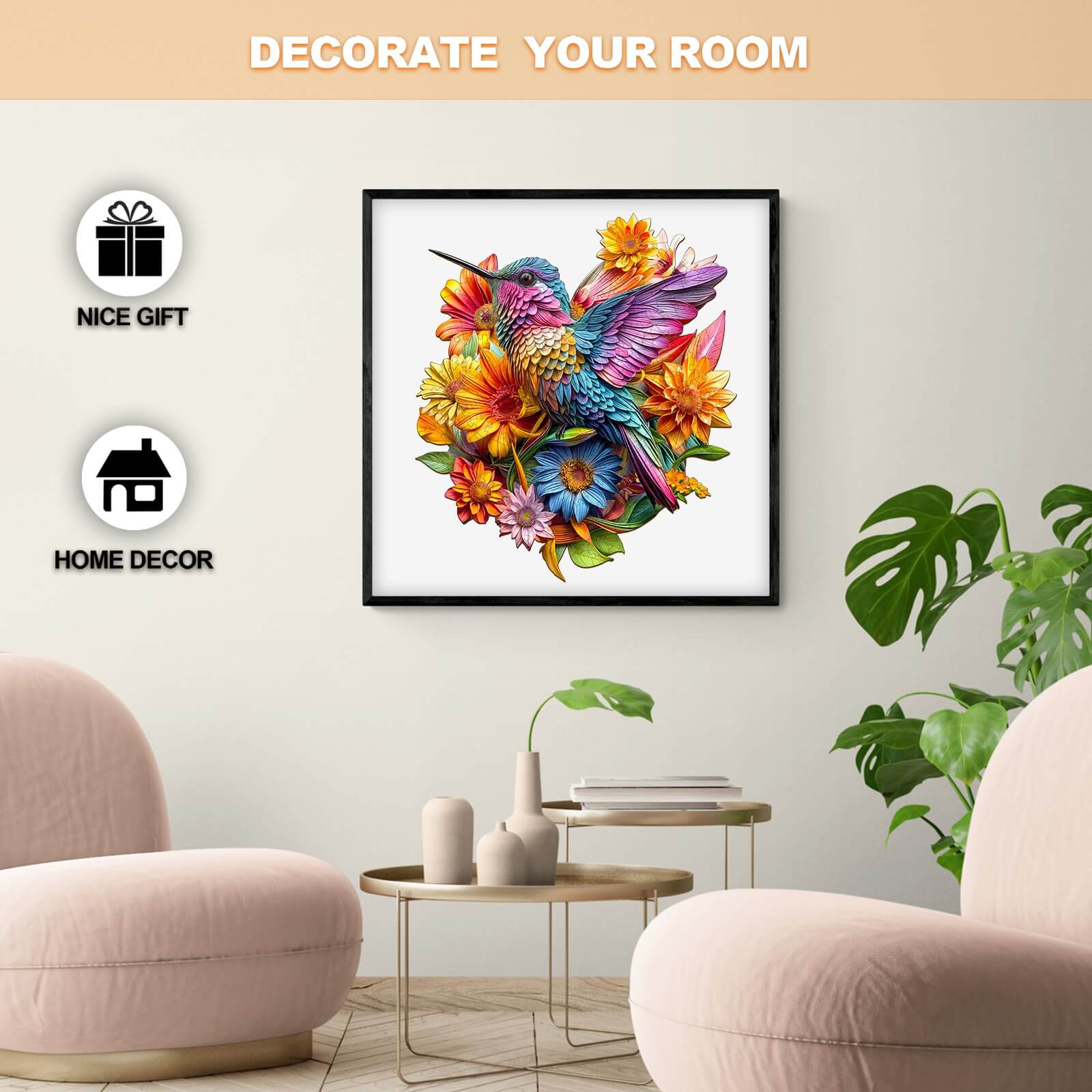 Hummingbird and flowers wooden jigsaw puzzle displayed in a stylish living room setting, perfect home decor and gift idea.