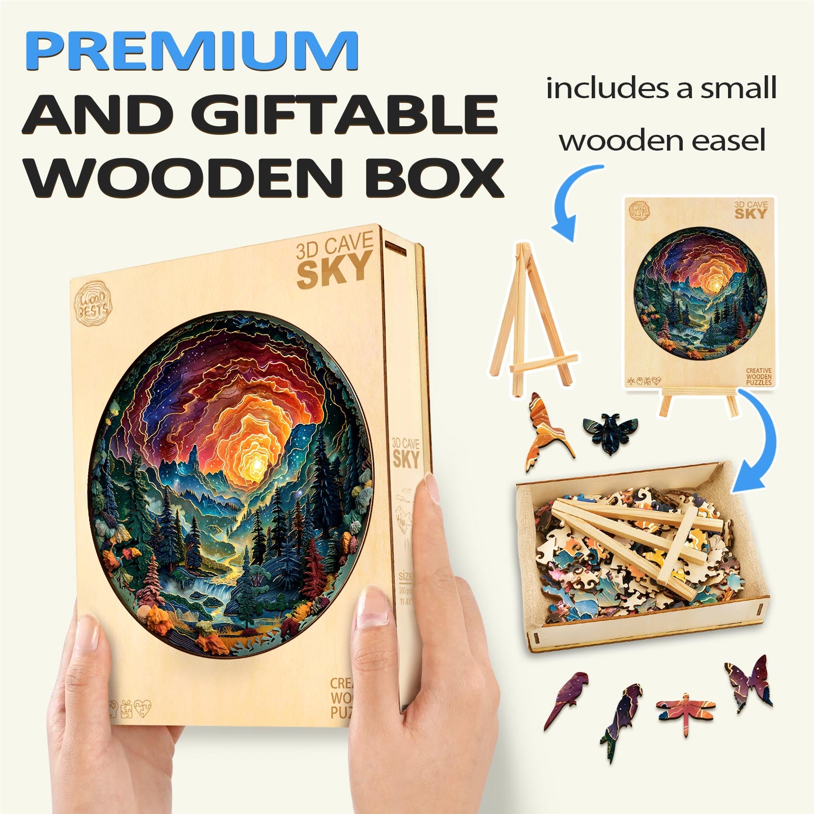 3D cave sky wooden jigsaw puzzle in a premium gift box with wooden easel for puzzle enthusiasts.