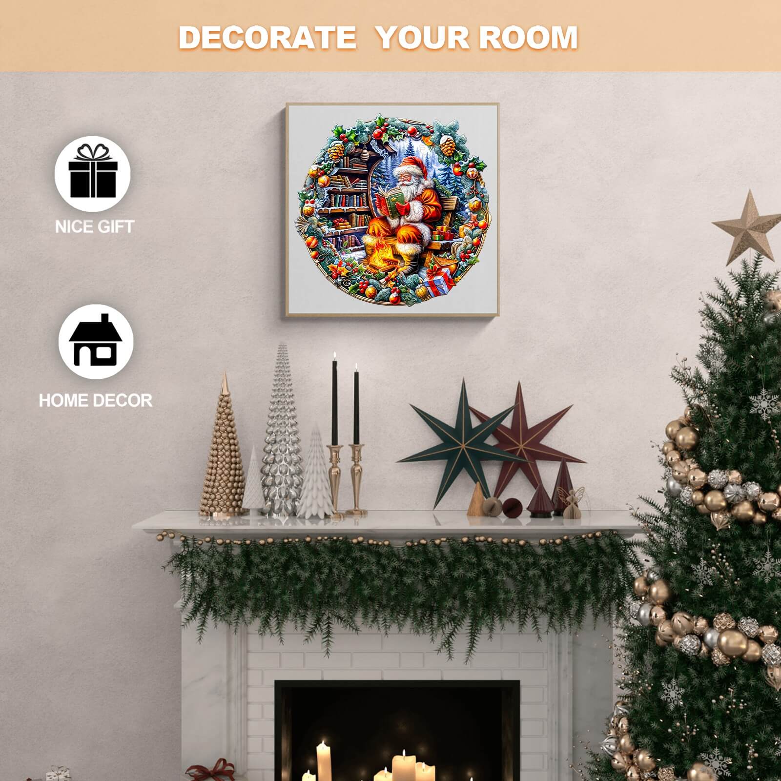 Santa's Rest Wooden Jigsaw Puzzle displayed above a cozy fireplace, perfect for home decor and holiday gifting.