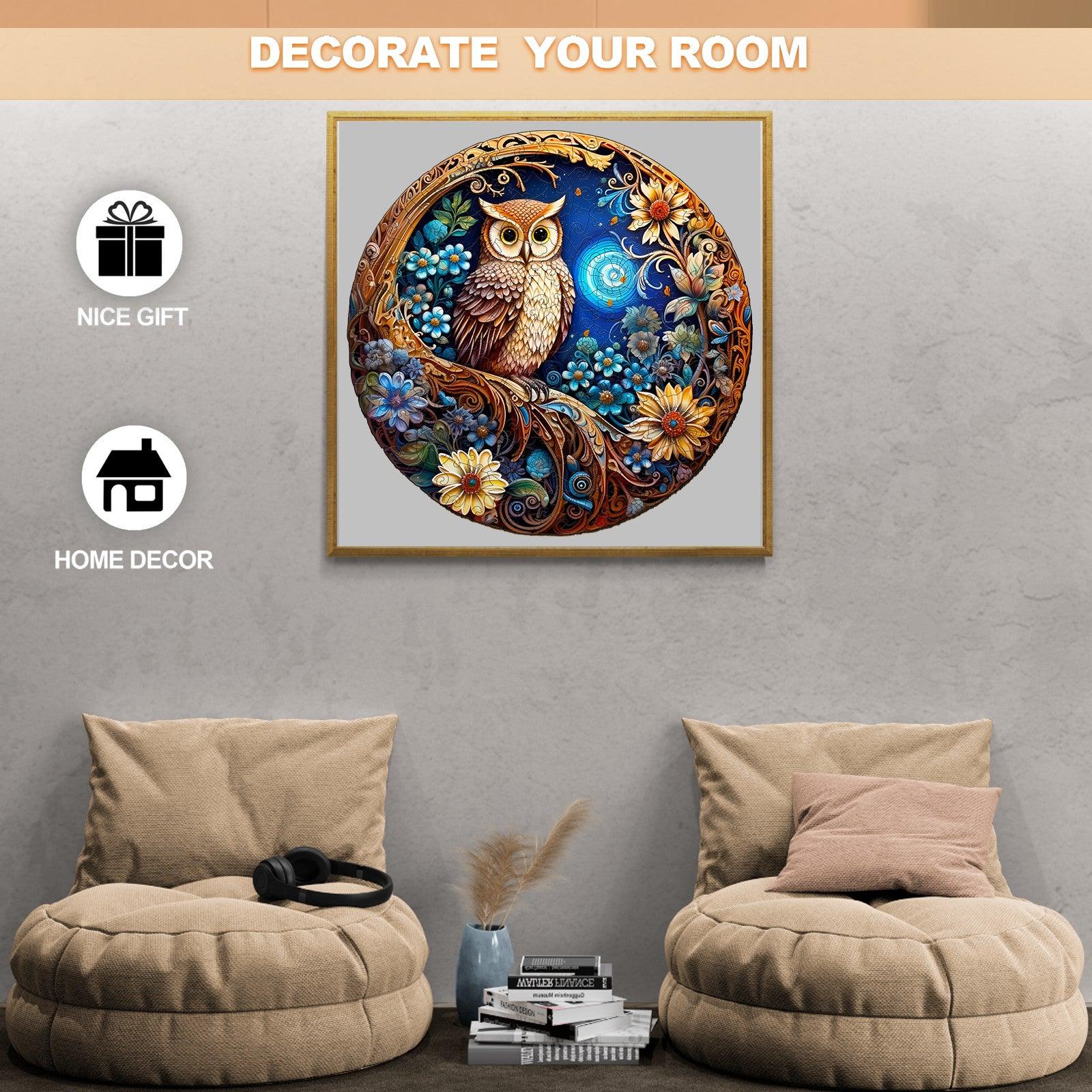 Moonlight Owl wooden jigsaw puzzle displayed as home decor, symbolizing mystery and wisdom.