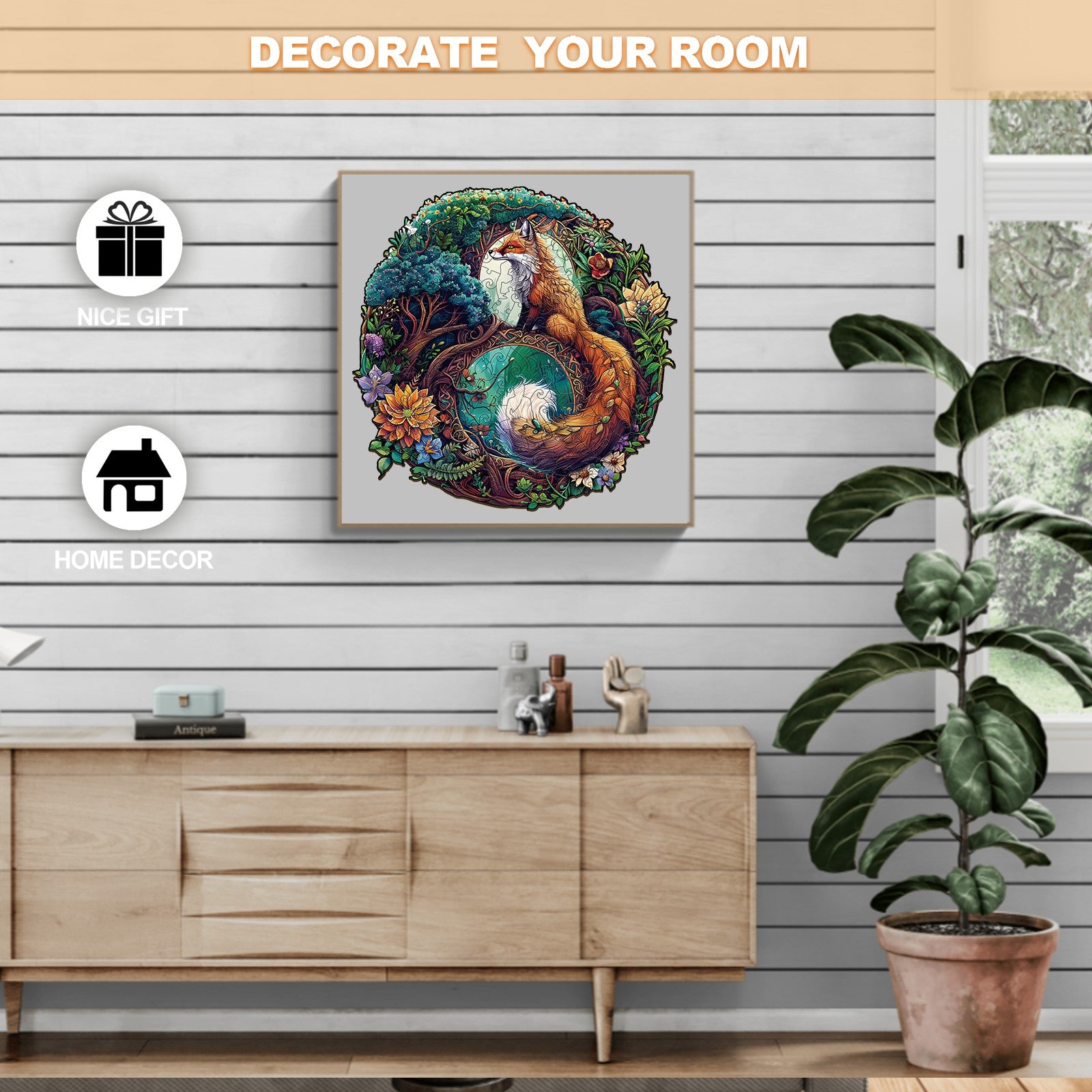Yin Yang Fox-3 wooden jigsaw puzzle art displayed in stylish home decor, ideal for gifts and enhancing room aesthetics.