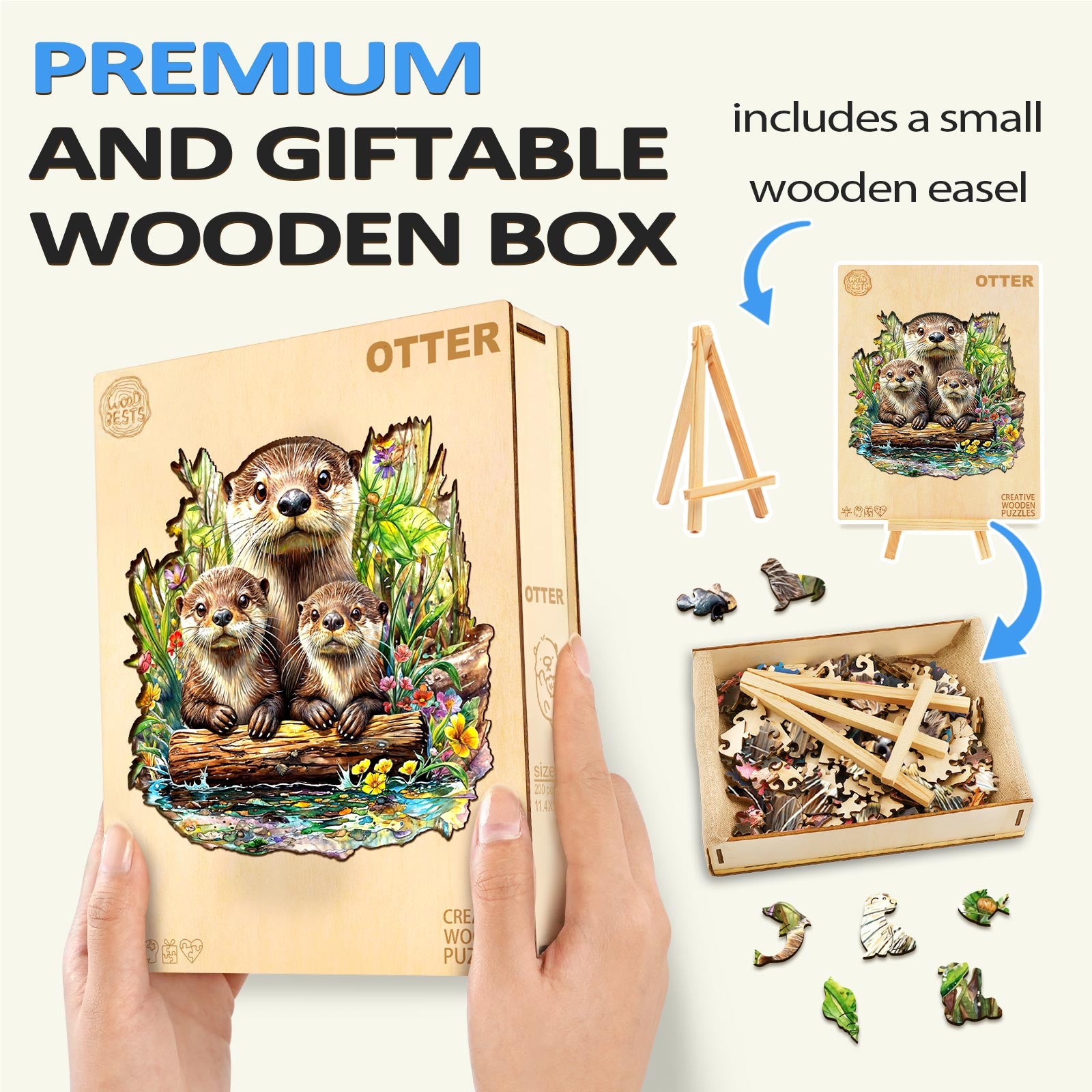 Premium otter wooden jigsaw puzzle in gift box, includes small easel for display, ideal for mind games and focus.
