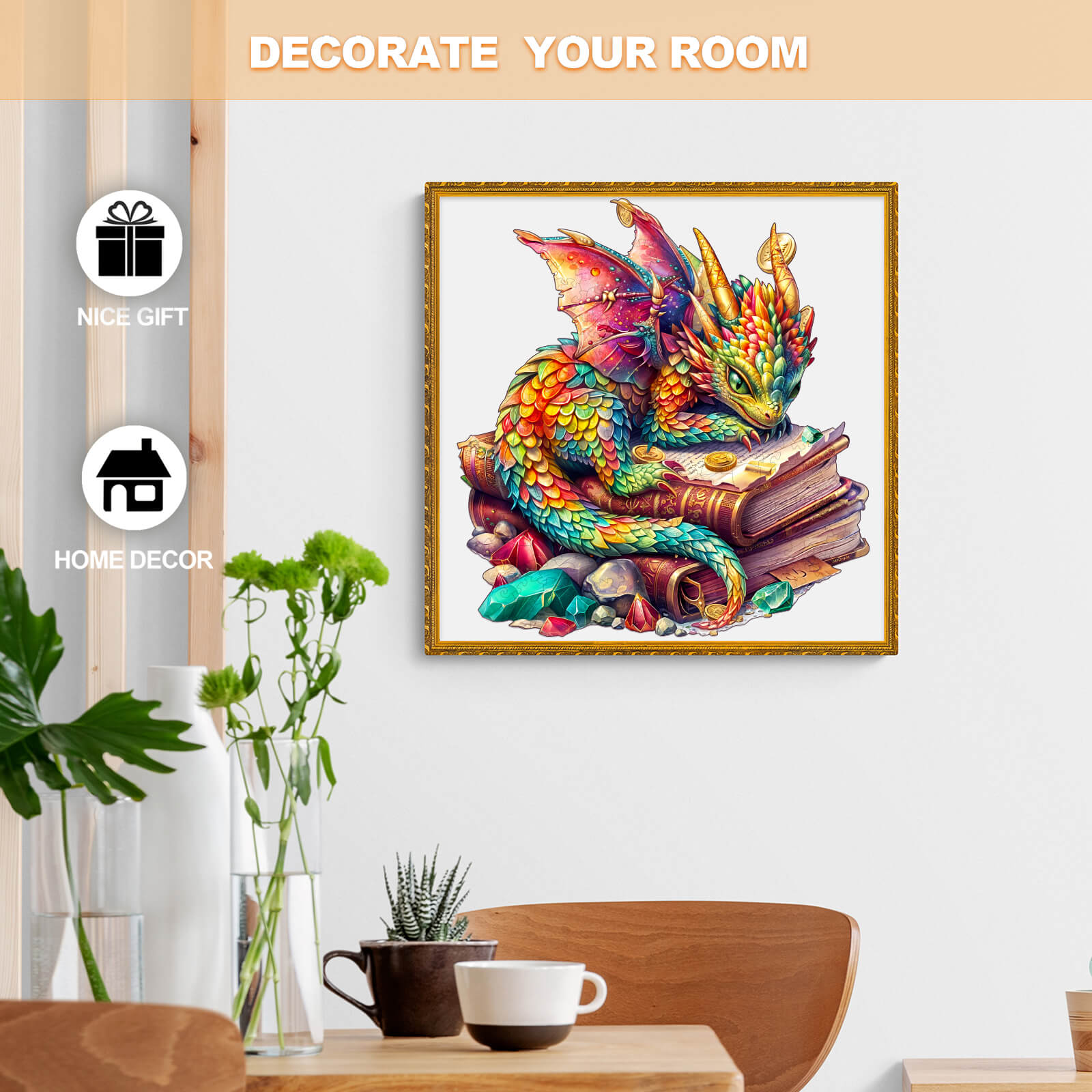 Colorful jeweled dragon artwork displayed in a stylish home interior, perfect for decor and gifts.