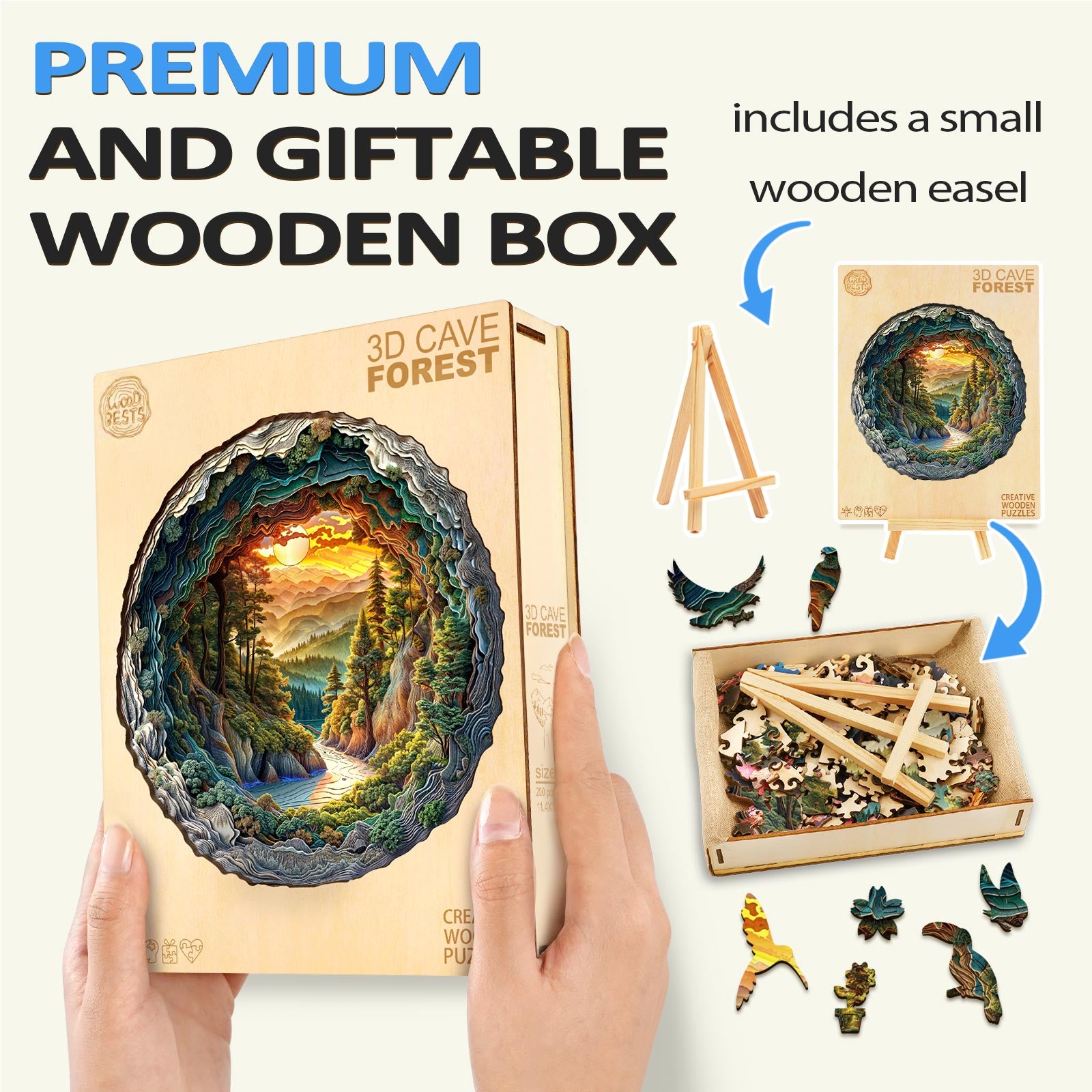 3D cave forest wooden jigsaw puzzle in a premium gift box with easel, showcasing vibrant colors and intricate design.