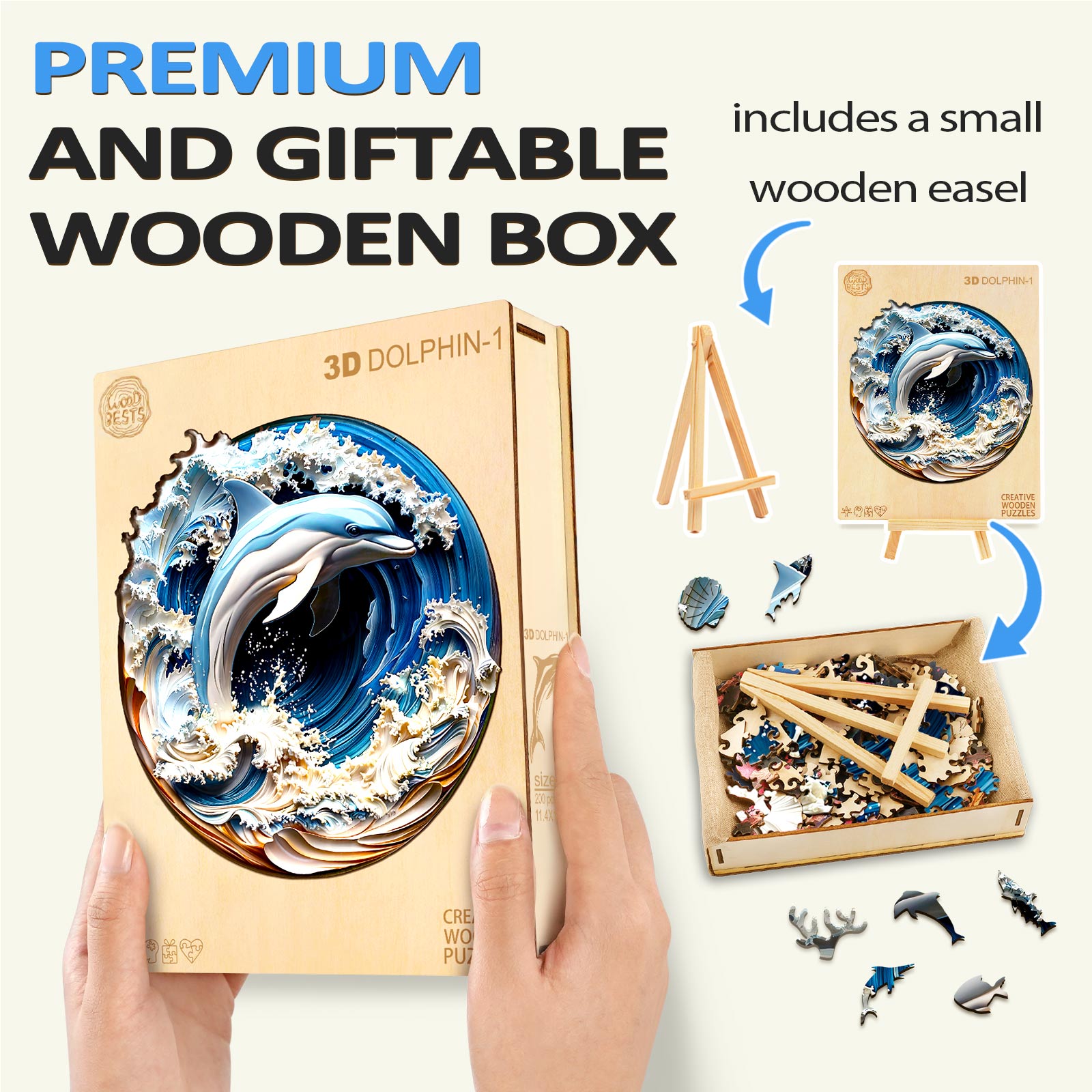 3D Dolphin-1 wooden jigsaw puzzle in a gift box with small wooden easel for enhanced puzzle-solving experience.