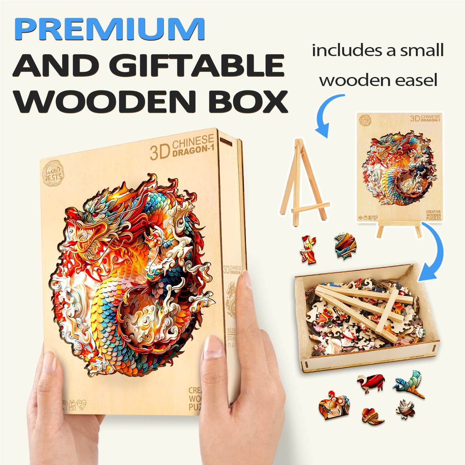Premium 3D Chinese Dragon-1 wooden jigsaw puzzle in a gift box with small wooden easel for display.