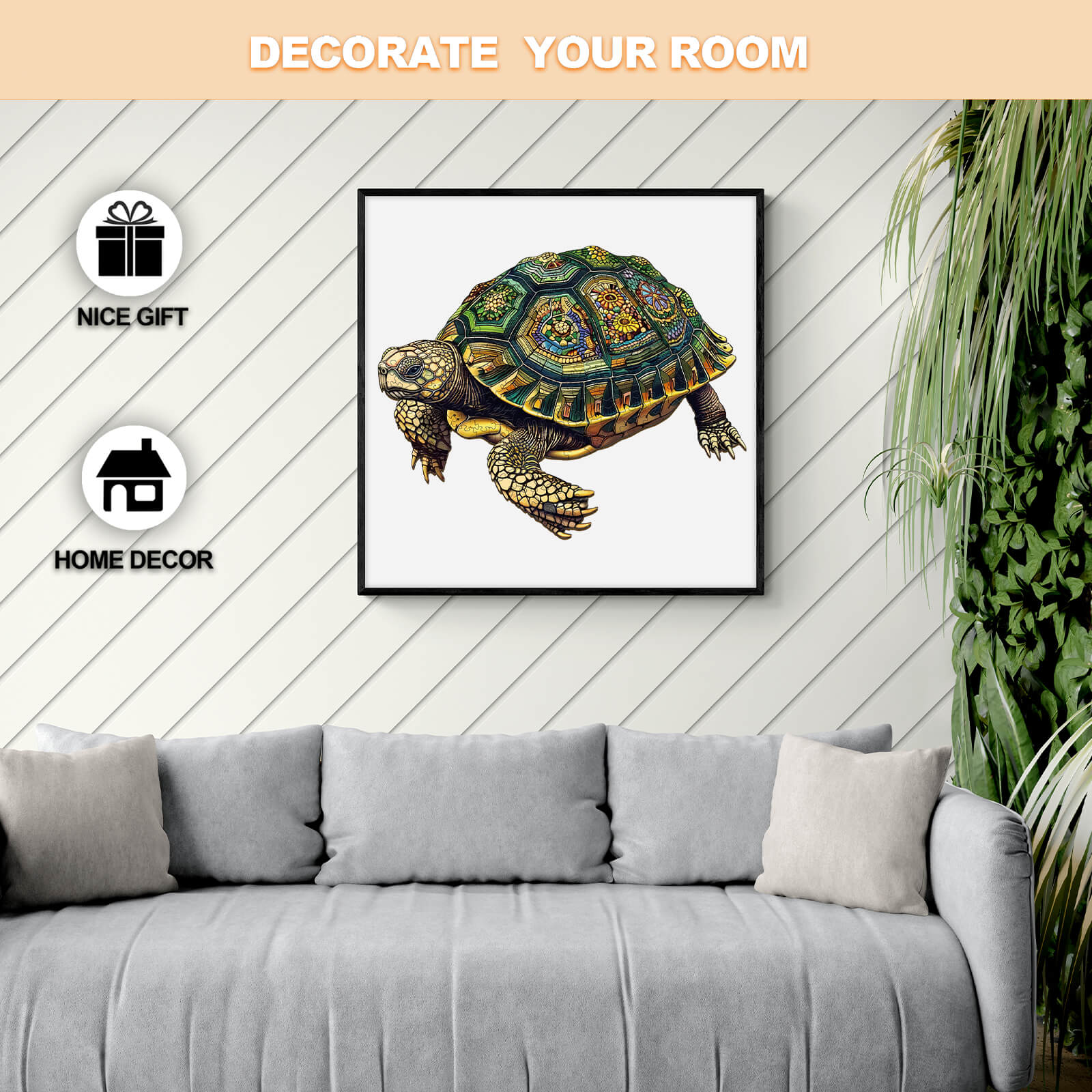 Decorative Wise Turtle artwork on a wall above a stylish couch, ideal for home decor and a unique gift.
