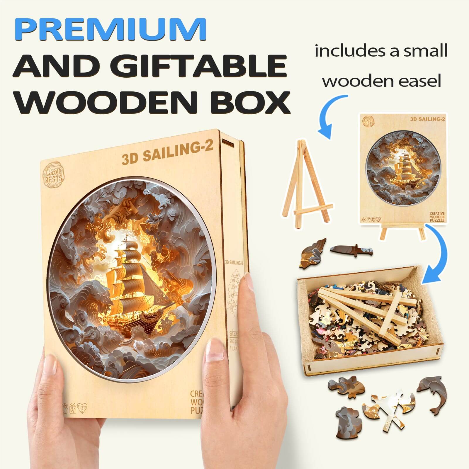 3D Sailing-2 wooden jigsaw puzzle in a giftable box, includes puzzle pieces and a small wooden easel.