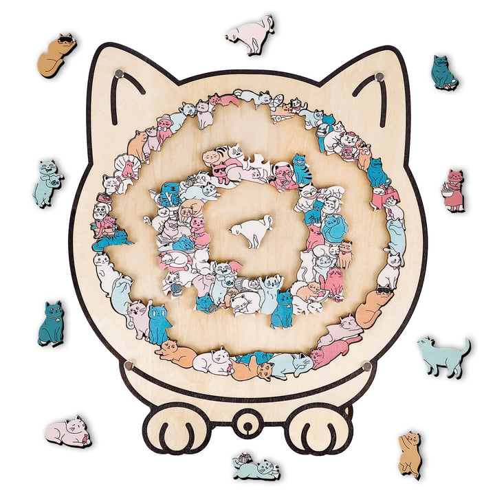 Morandi-Colored Cozy Cat Shaped Wooden Jigsaw Puzzle