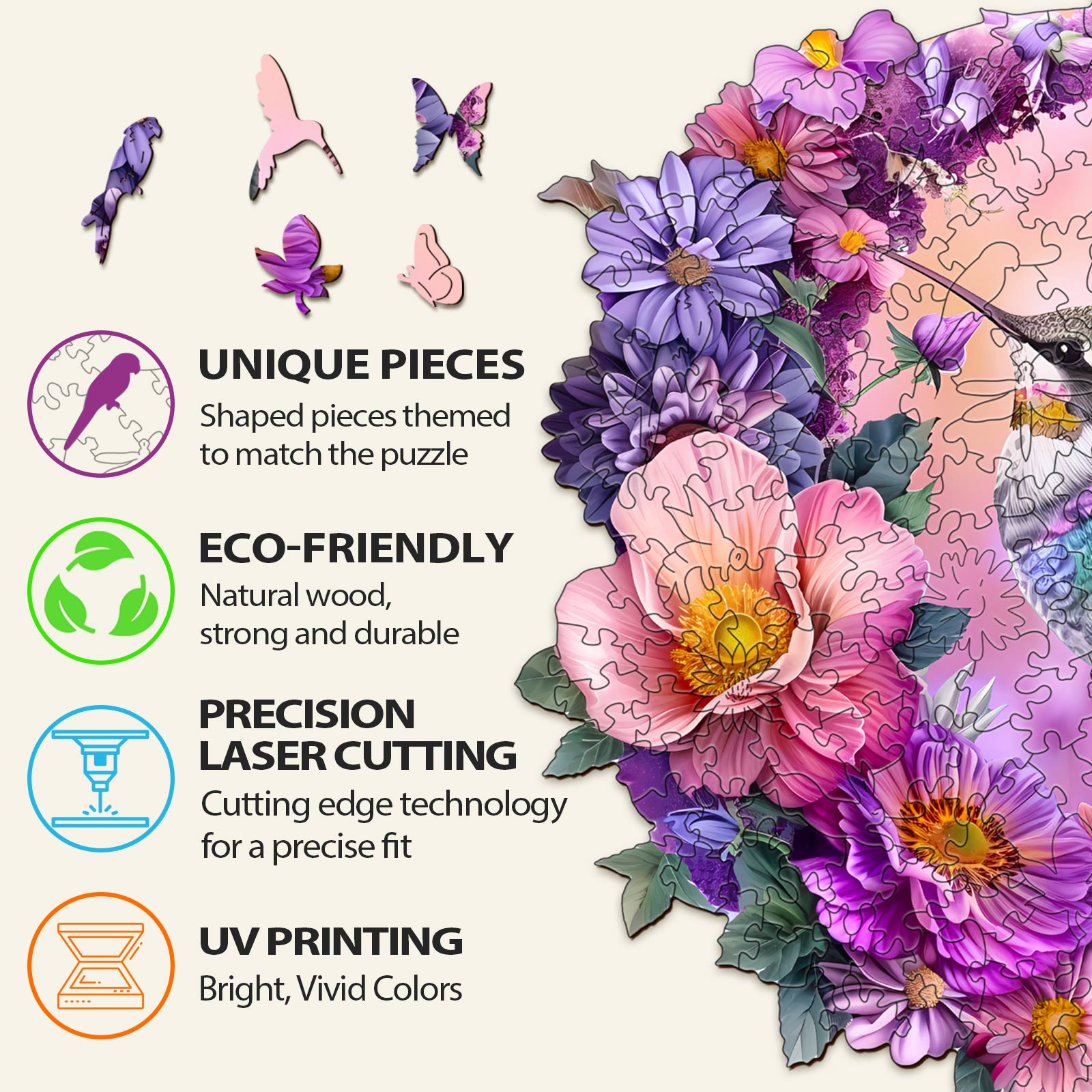 Hummingbird and Moon wooden jigsaw puzzle details: unique pieces, eco-friendly, precision cutting, UV printing.