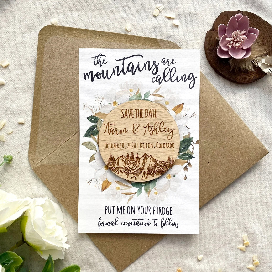 Mountain Save the Date Magnet, Wood Save the Dates, Pine Tree Save the Date, Wood Wedding Invitation, Rustic Save the Date