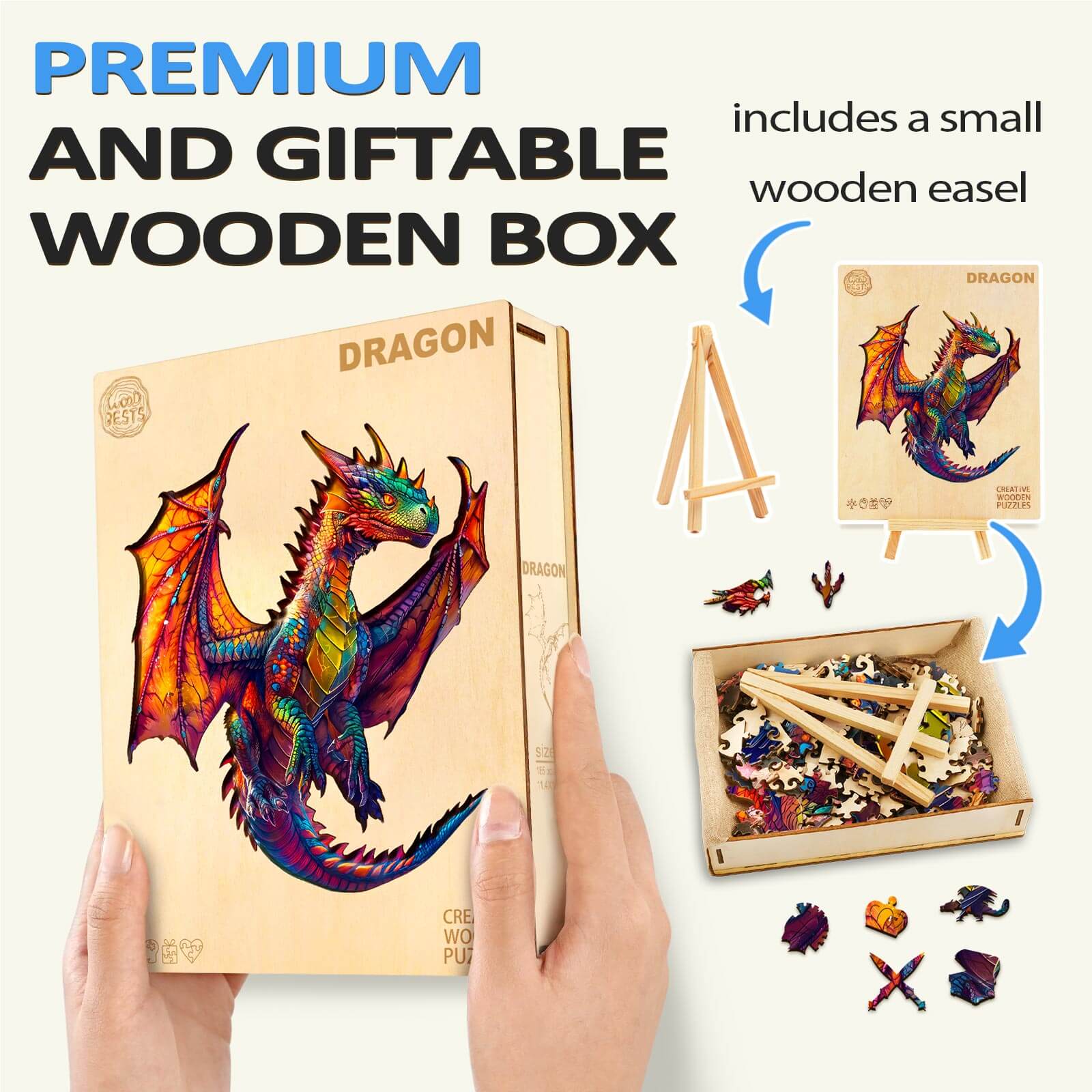 Dragon wooden jigsaw puzzle in a premium giftable box with a small easel, perfect for puzzle enthusiasts.