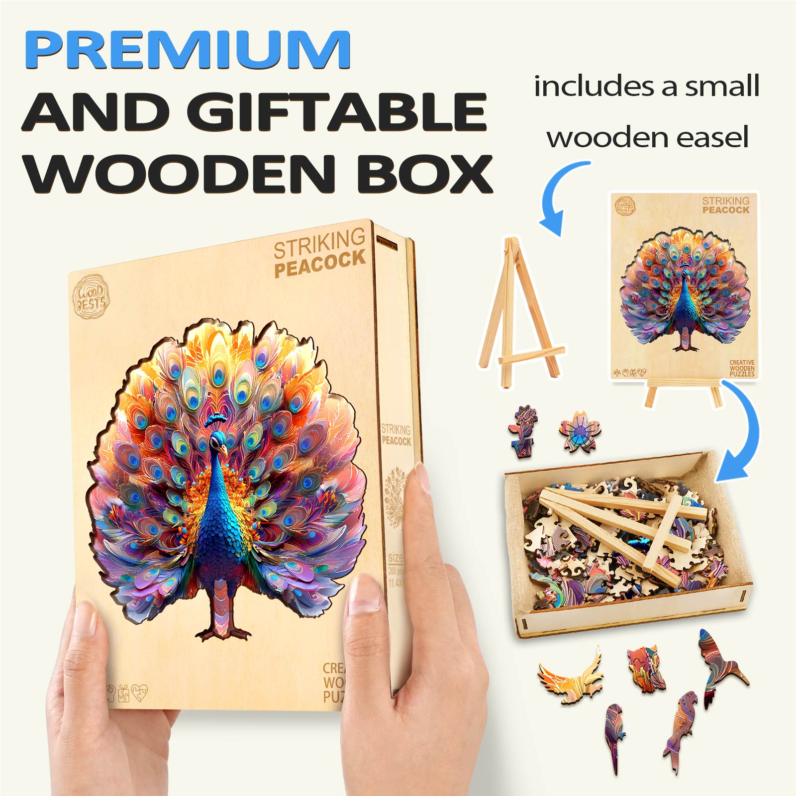 Striking Peacock Wooden Jigsaw Puzzle in a premium wooden box with a small easel, perfect for gifting and puzzle solving.