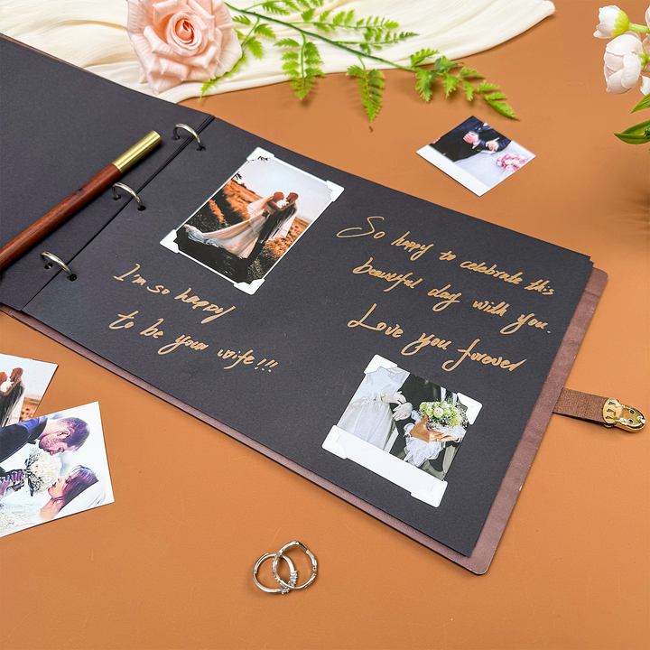 Wooden Photo Album with Carved Flowers and Engraved Names
