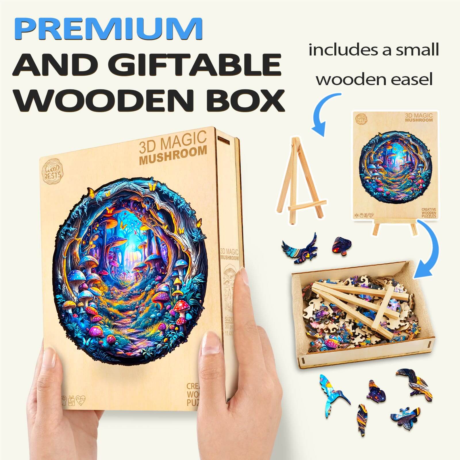3D Magic Mushroom jigsaw puzzle in a premium wooden box with a small easel, perfect for gifts and brain games.
