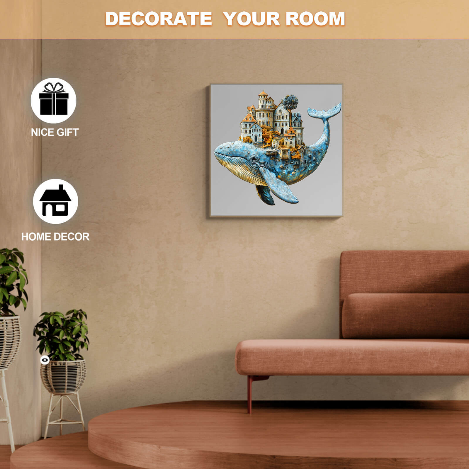 3D Whale City Wooden Jigsaw Puzzle displayed as home decor, ideal for gifts and room decoration.