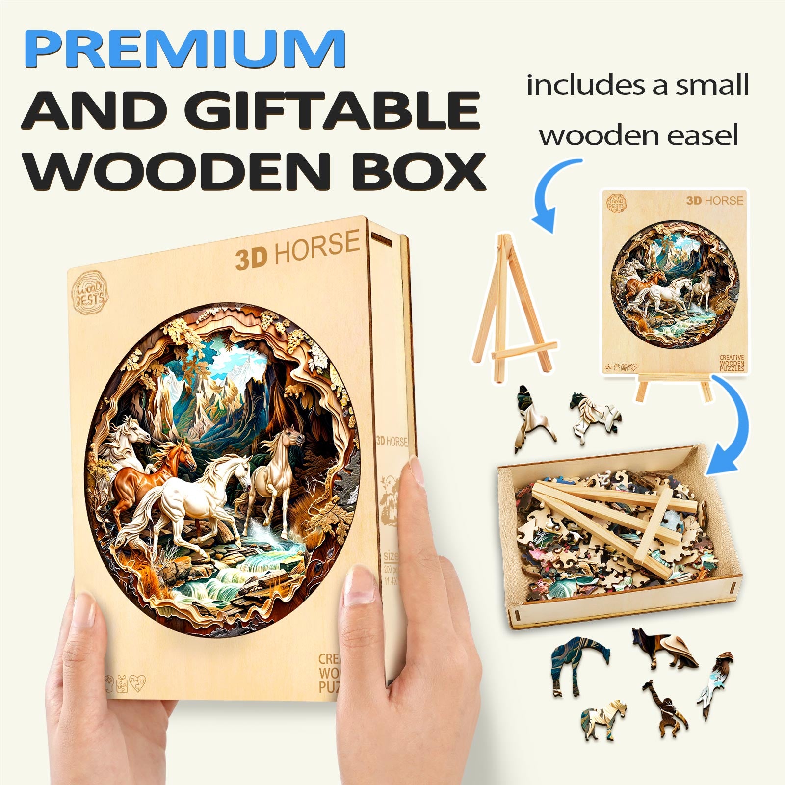 3D Horse wooden jigsaw puzzle in premium gift box with small wooden easel for display and easy storage.