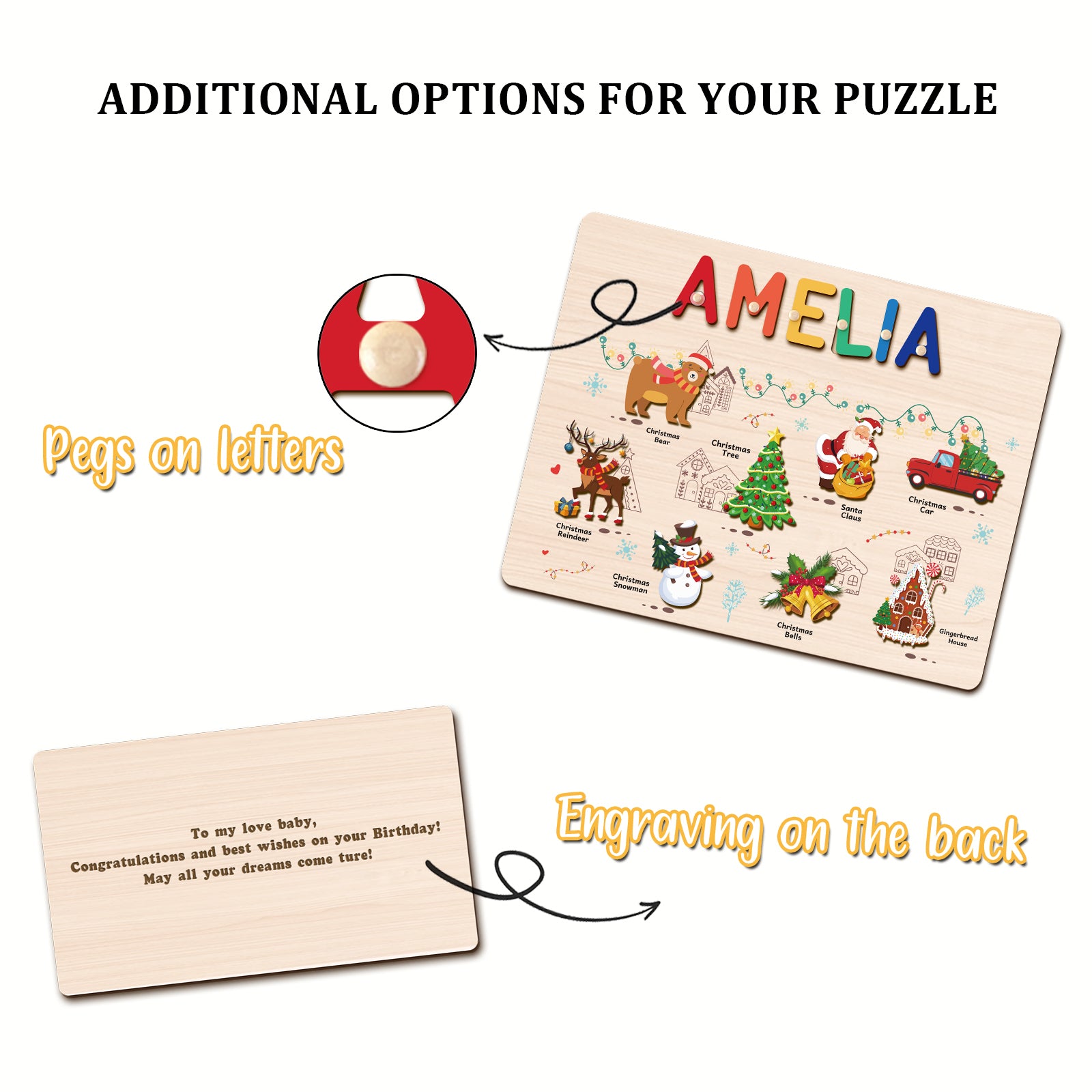 Personalized Wooden Name Puzzle -Merry Christmas for Toddlers