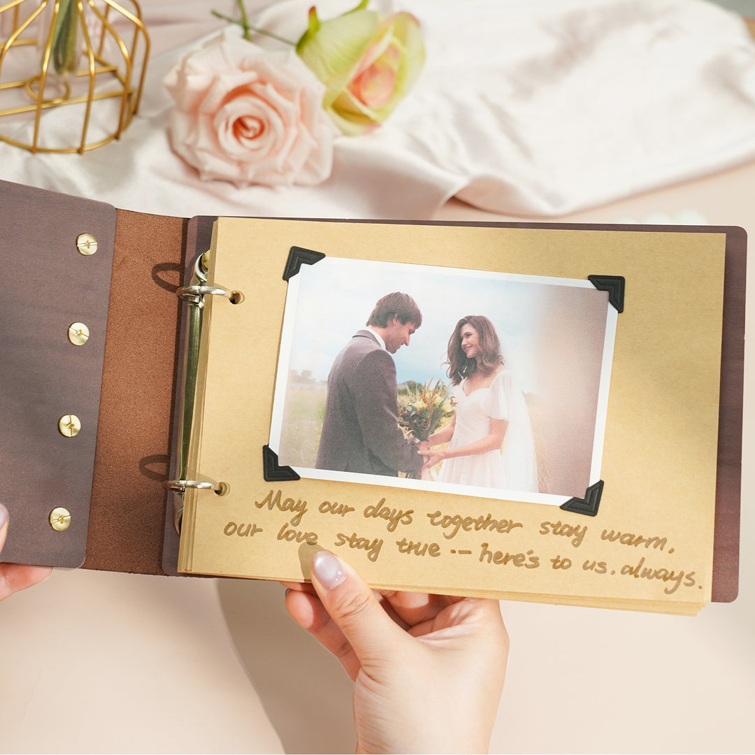 Wooden Photo Album with Carved Flowers and Engraved Names