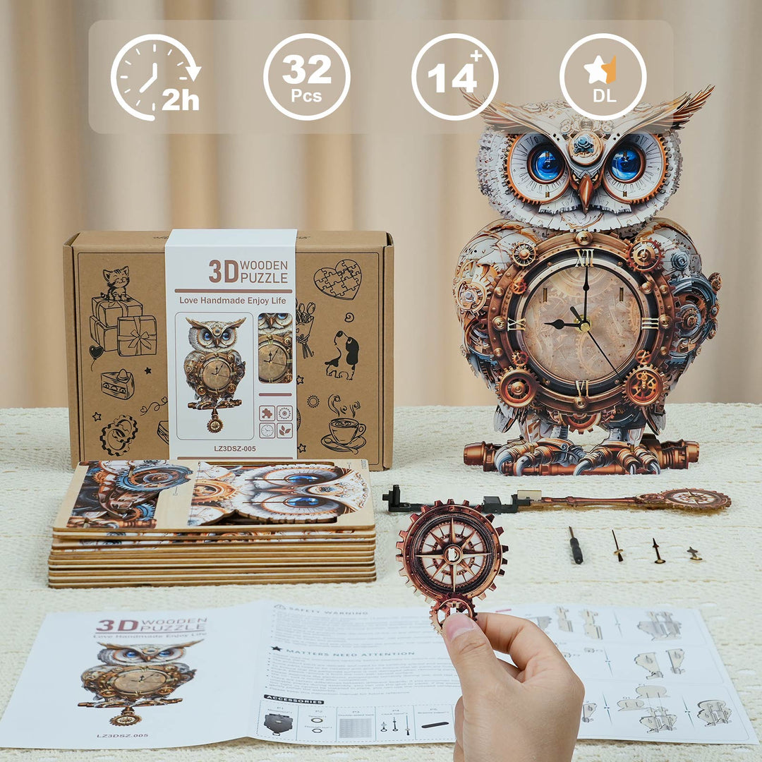 Chouette Mécanique – Horloge en Bois à Faire Soi-Même, Kit de Puzzle 3D