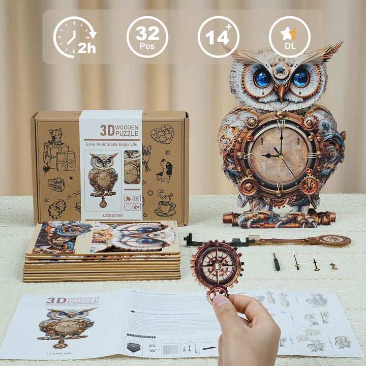 Chouette Mécanique – Horloge en Bois à Faire Soi-Même, Kit de Puzzle 3D