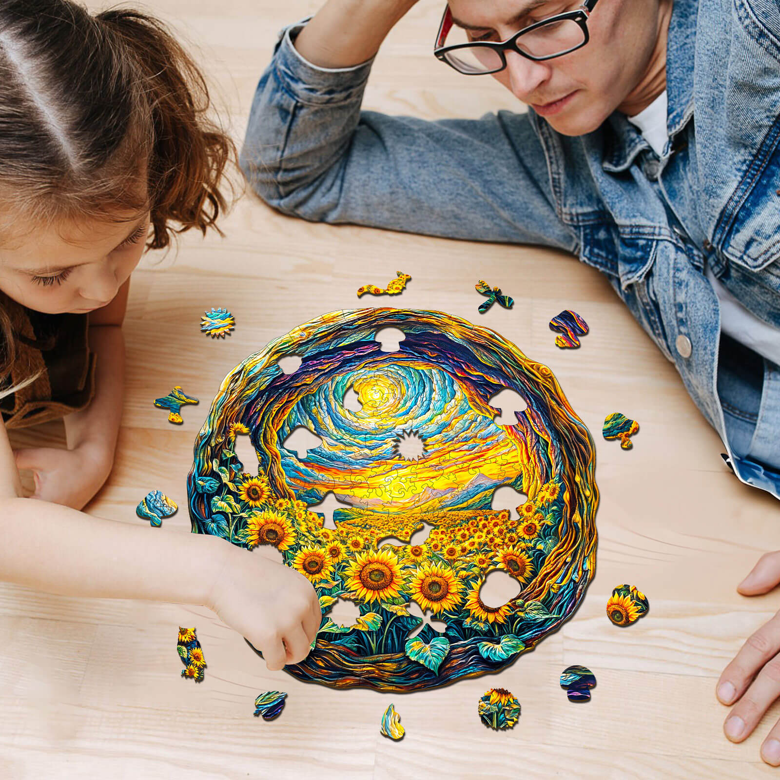 Enjoying a 3D Sunlit Fields wooden jigsaw puzzle together, enhancing focus and teamwork.