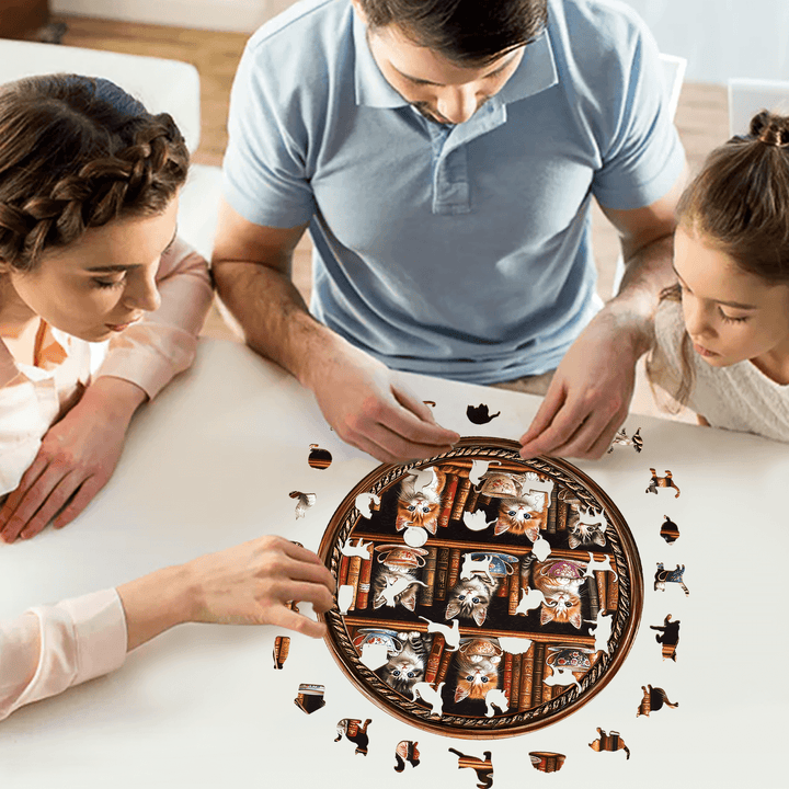 Cat Coffee Library Wooden Jigsaw Puzzle