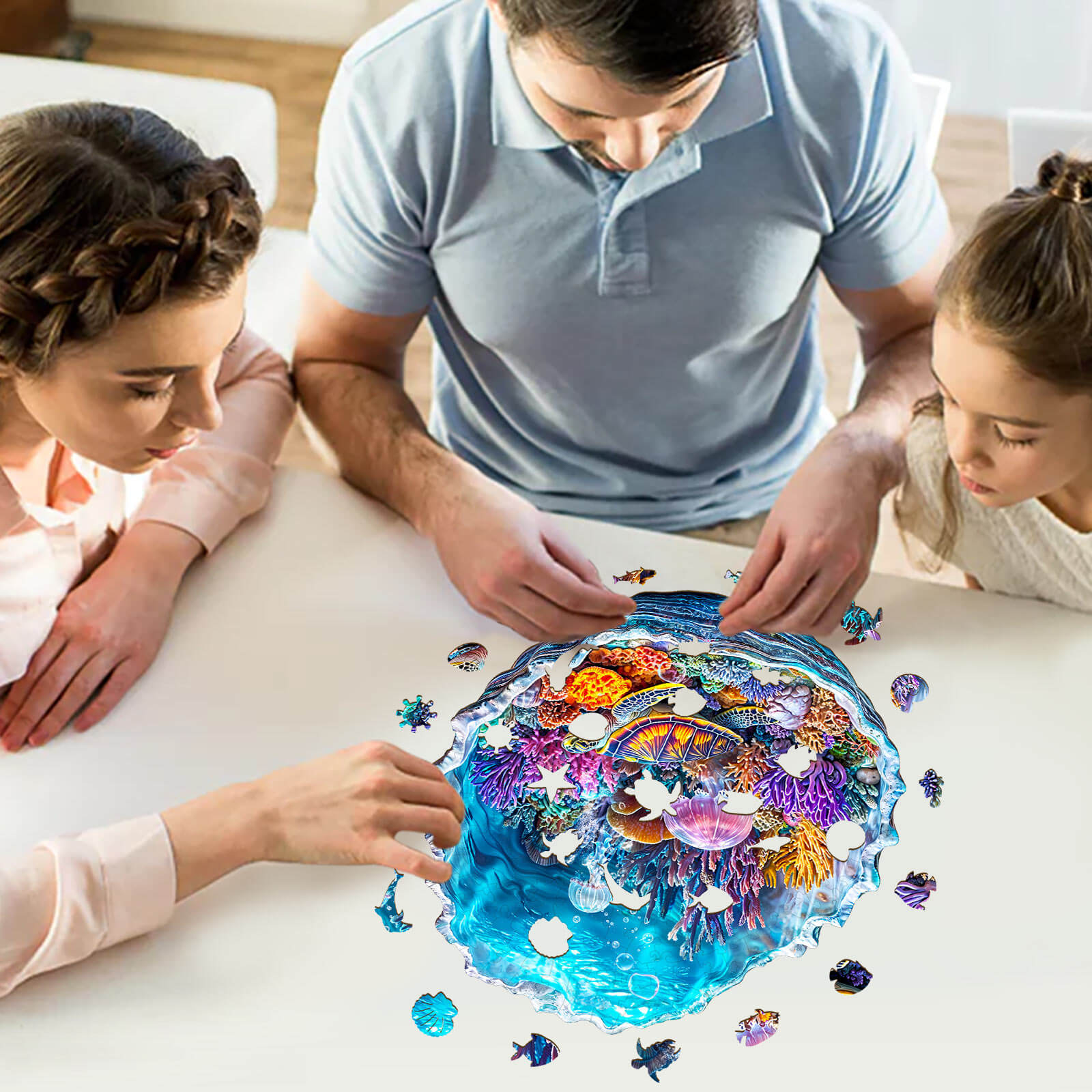 Family enjoying the 3D Ocean's Embrace wooden jigsaw puzzle together, enhancing focus and problem-solving skills.