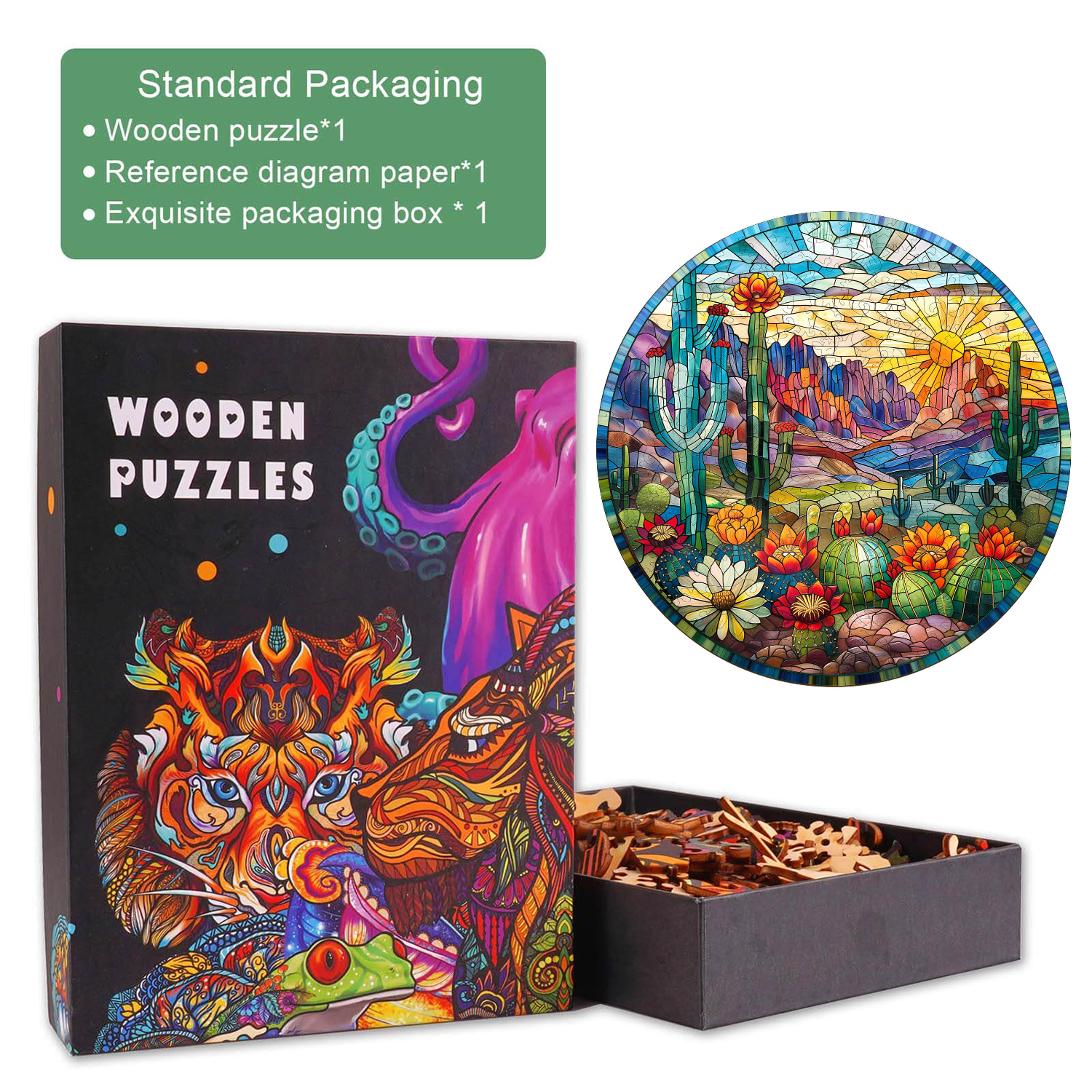 Puzzle en bois en forme de cactus en vitrail