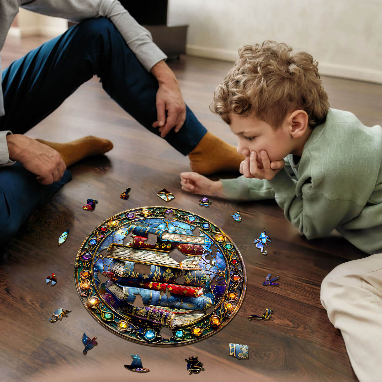 Child and adult solving the Magic tome-2 wooden jigsaw puzzle together on the floor, enhancing focus and problem-solving skills.