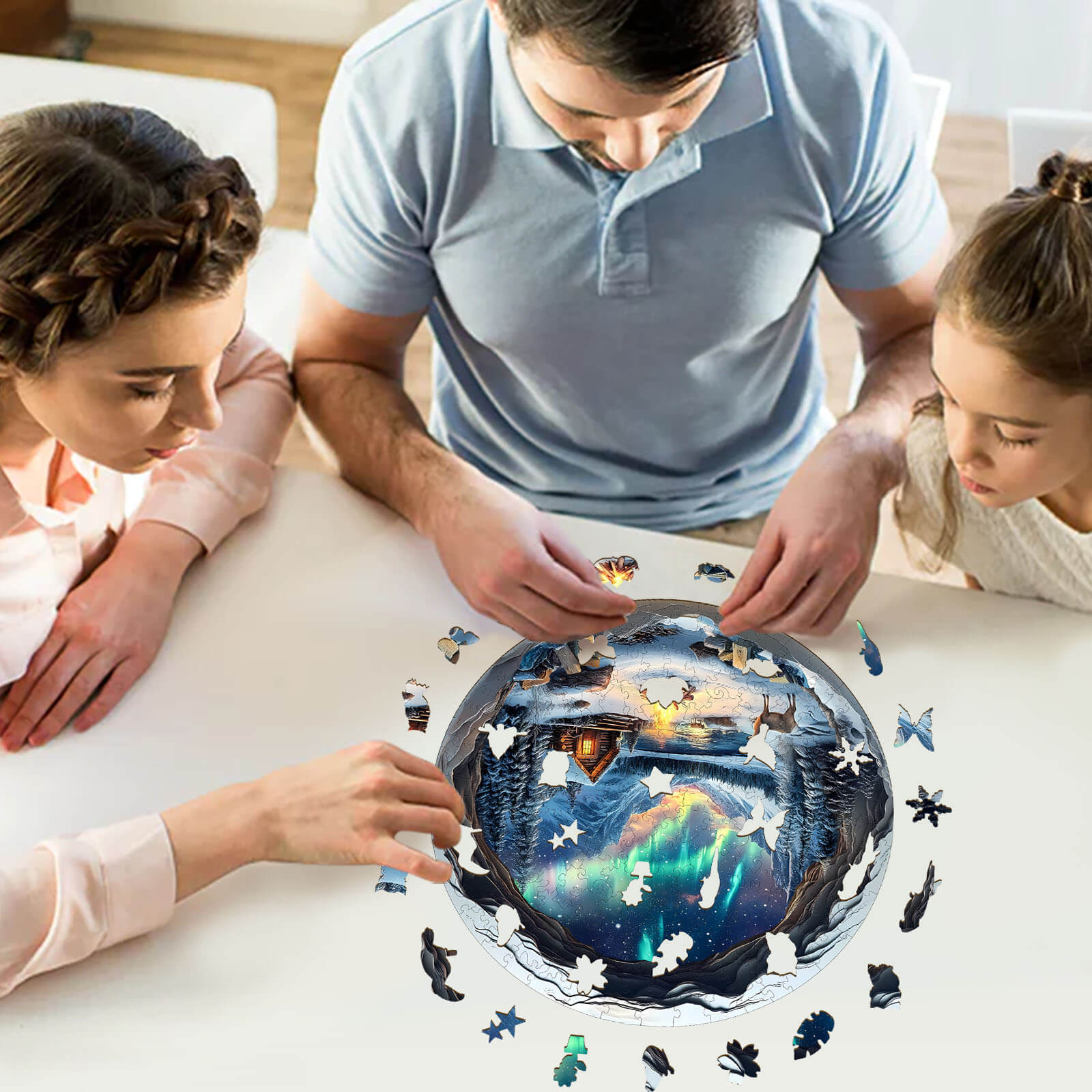 Family enjoying the 3D Aurora World Wooden Jigsaw Puzzle of the Northern Lights at a table.