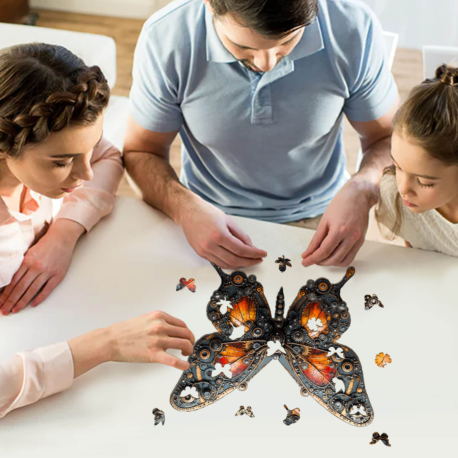 Family enjoying the 3D Mechanical Butterfly wooden jigsaw puzzle on a table, enhancing focus and problem-solving skills.