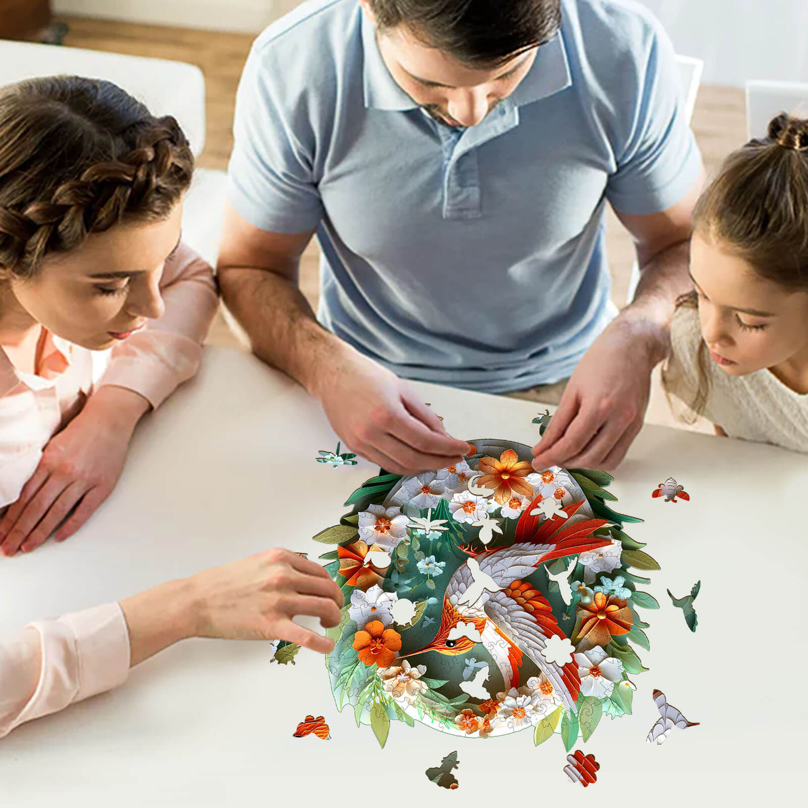 Family enjoying a 3D Colored Paper Hummingbird jigsaw puzzle with flowers and butterflies, enhancing focus and creativity.
