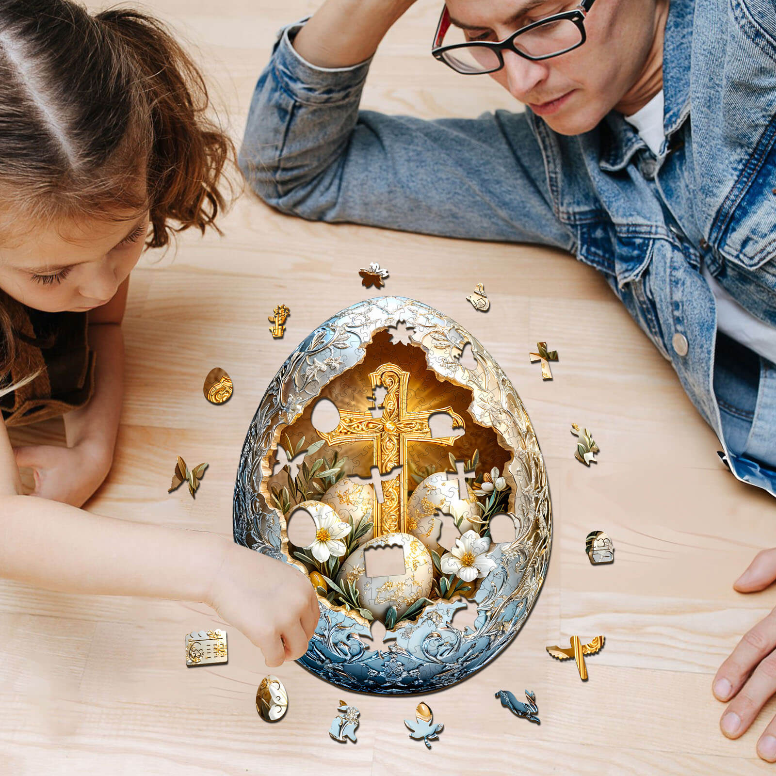 Father and daughter solving the Wonderland Easter-1 wooden jigsaw puzzle together, surrounded by colorful puzzle pieces.