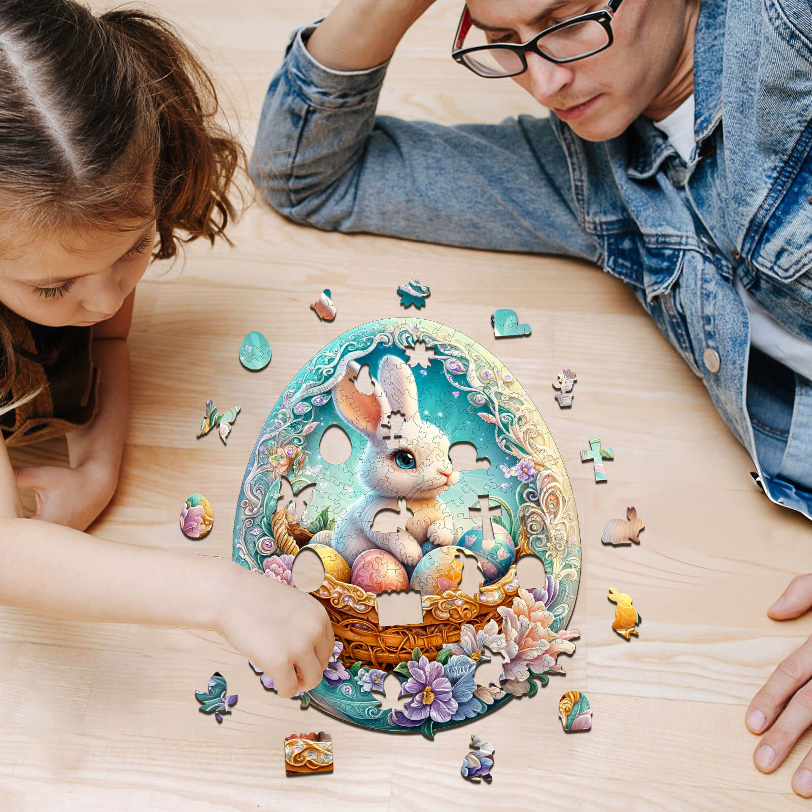 Two people solving the Wonderland Easter-2 wooden jigsaw puzzle featuring a colorful design with a bunny and eggs.