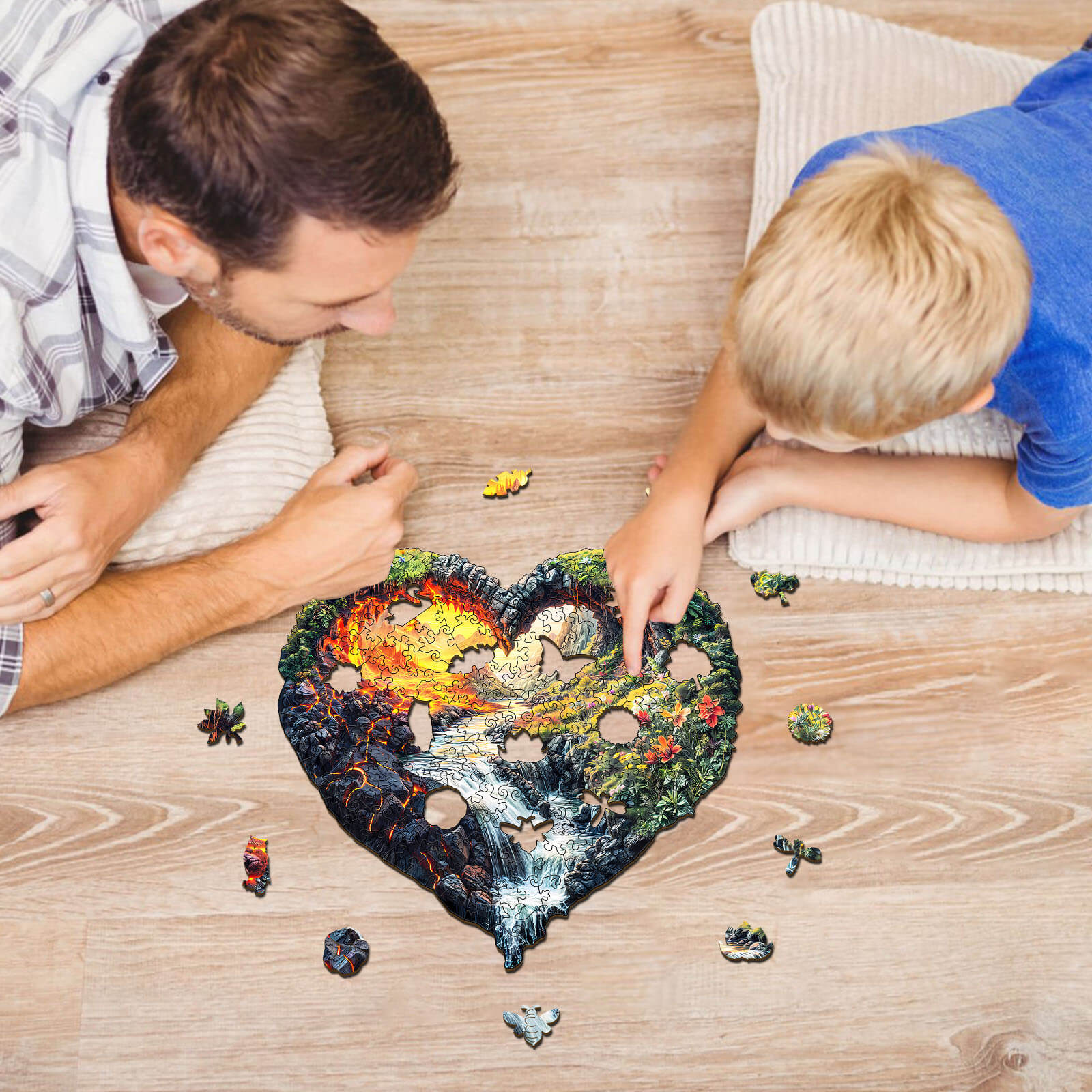 Father and son enjoying the ETERNAL FLOW wooden jigsaw puzzle, enhancing focus and problem-solving skills together.