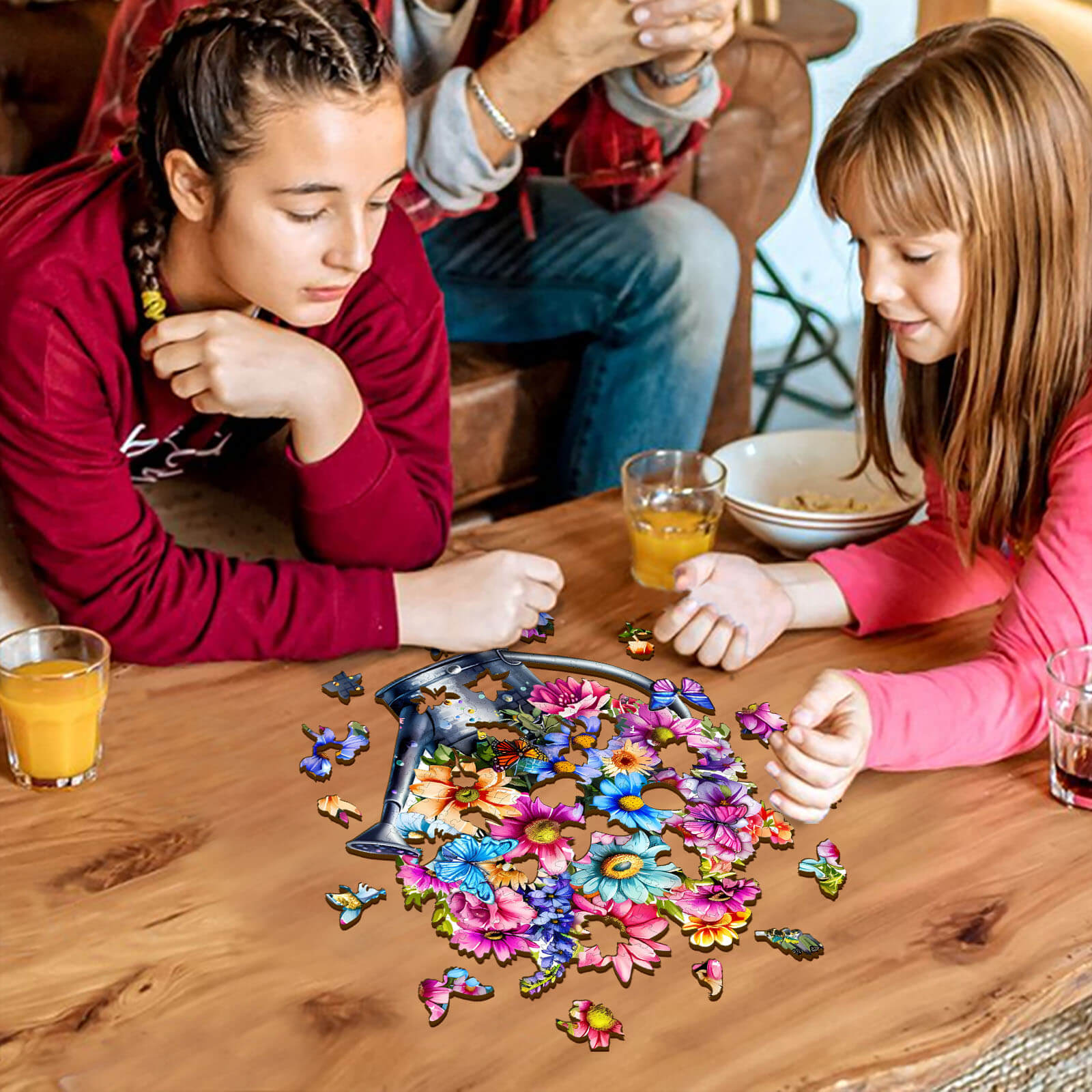 Two children engaged in a Beautiful Flower Wooden Jigsaw Puzzle, surrounded by colorful pieces on a wooden table.