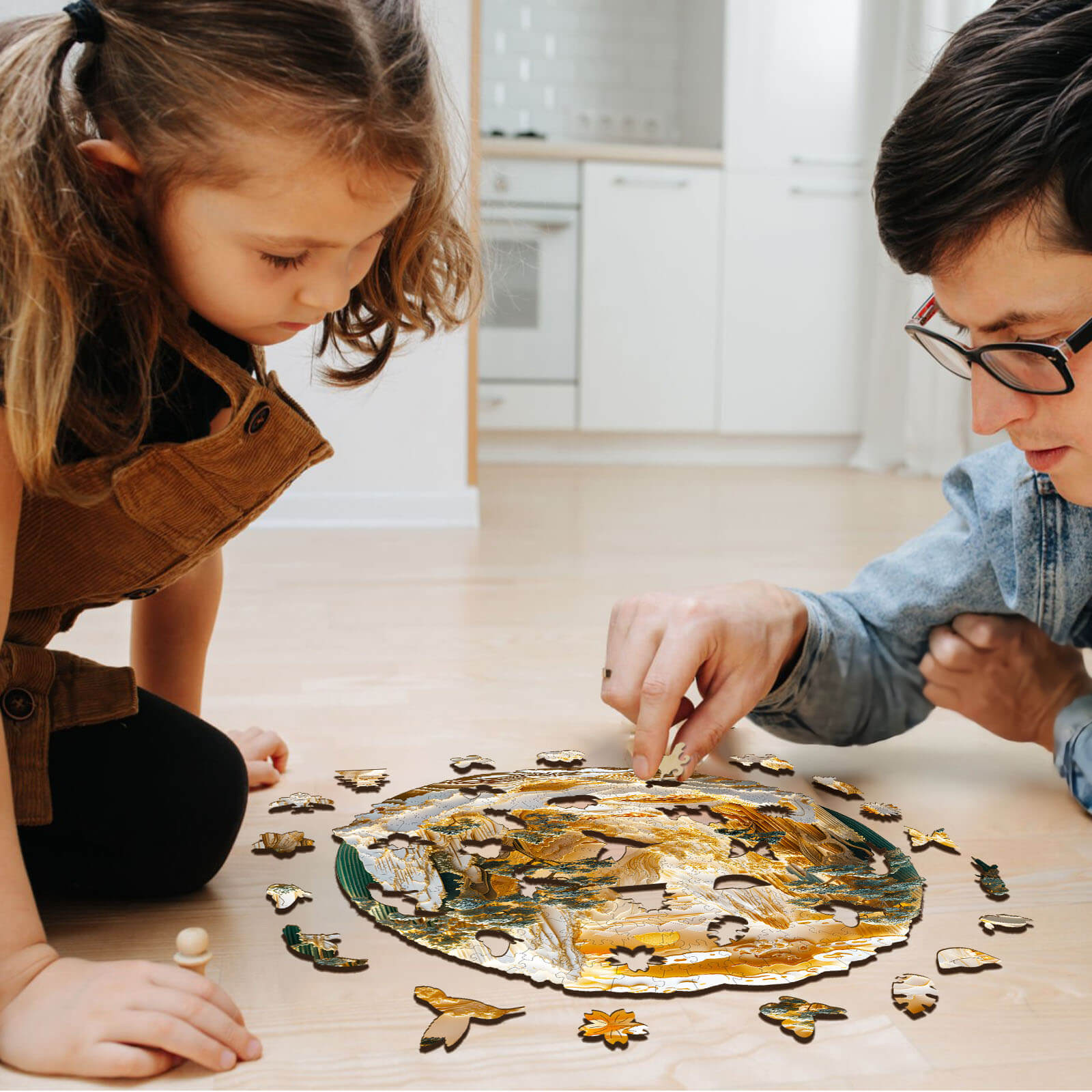 Father and daughter engaged in a fun activity assembling a 3D Golden Mountains wooden jigsaw puzzle.