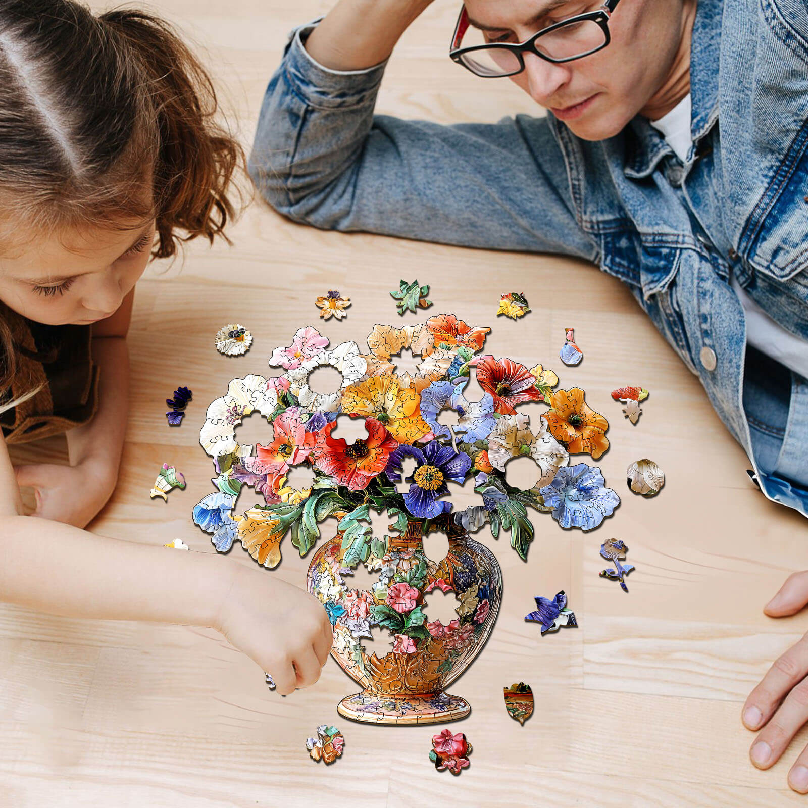 A child and adult assembling a 3D vintage flower jigsaw puzzle on a wooden table, showcasing vibrant floral pieces.