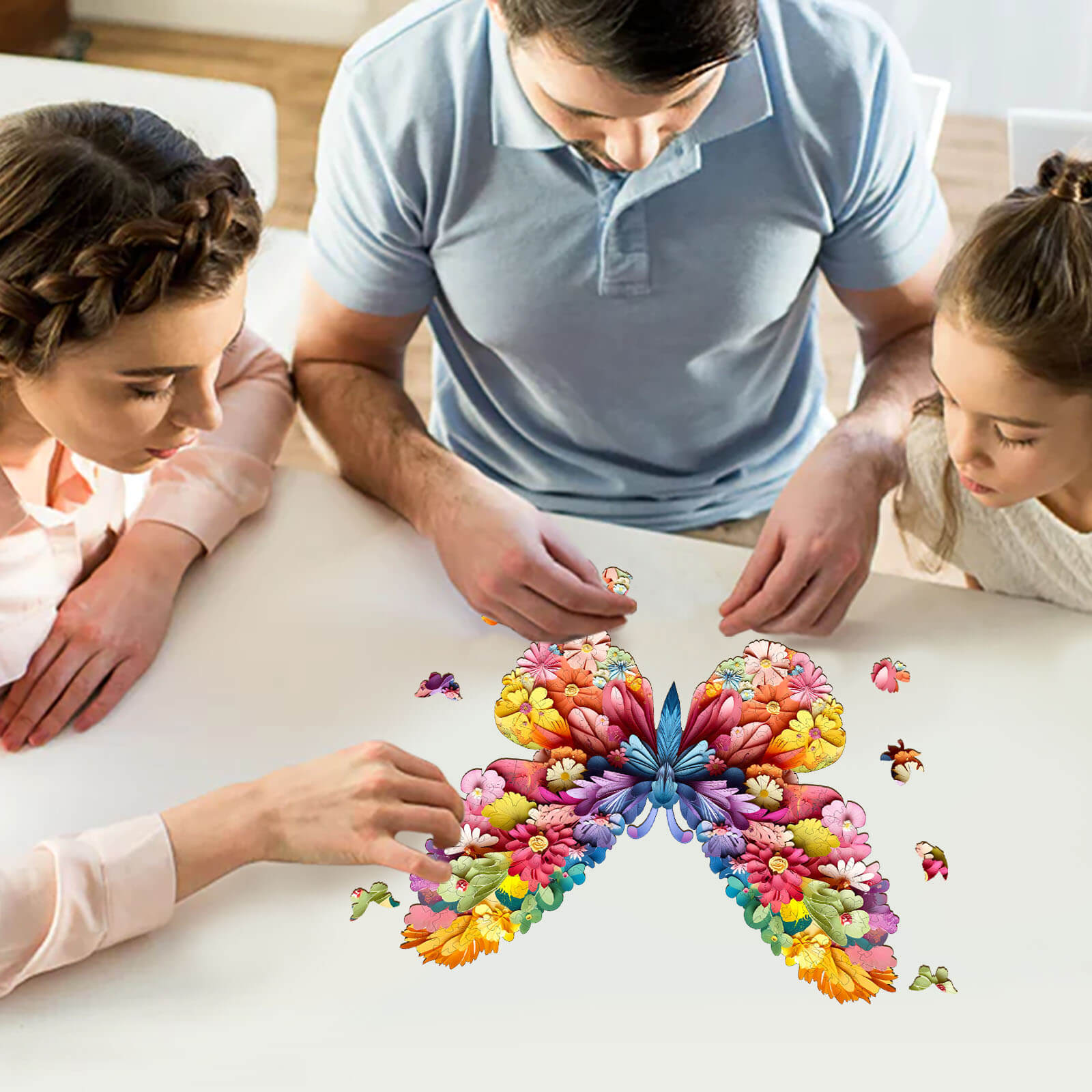 Family enjoying a colorful 3D butterfly wooden jigsaw puzzle together on a bright table.