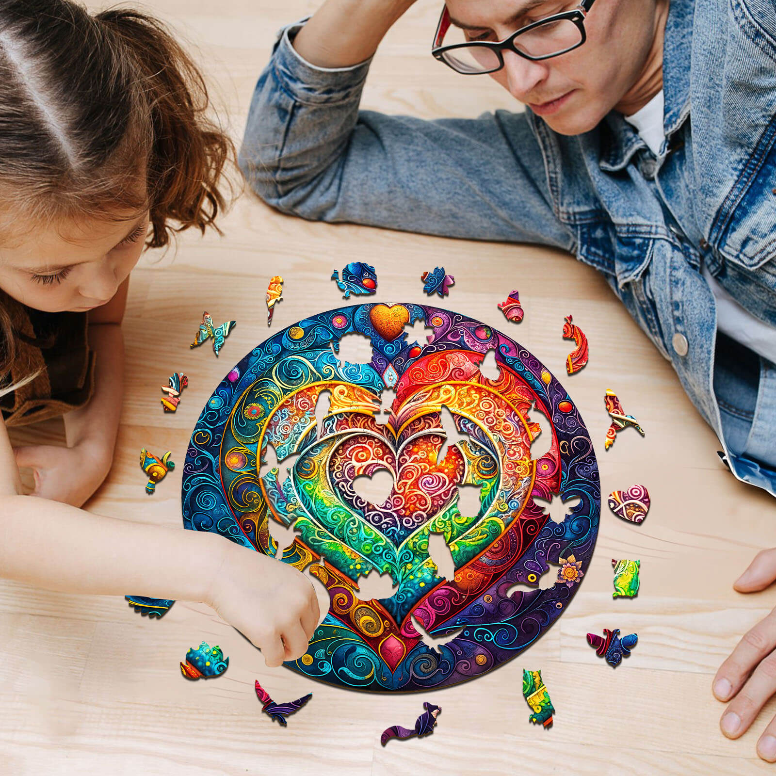 Child and adult solving a colorful mandala heart wooden jigsaw puzzle together, promoting focus and mindfulness.