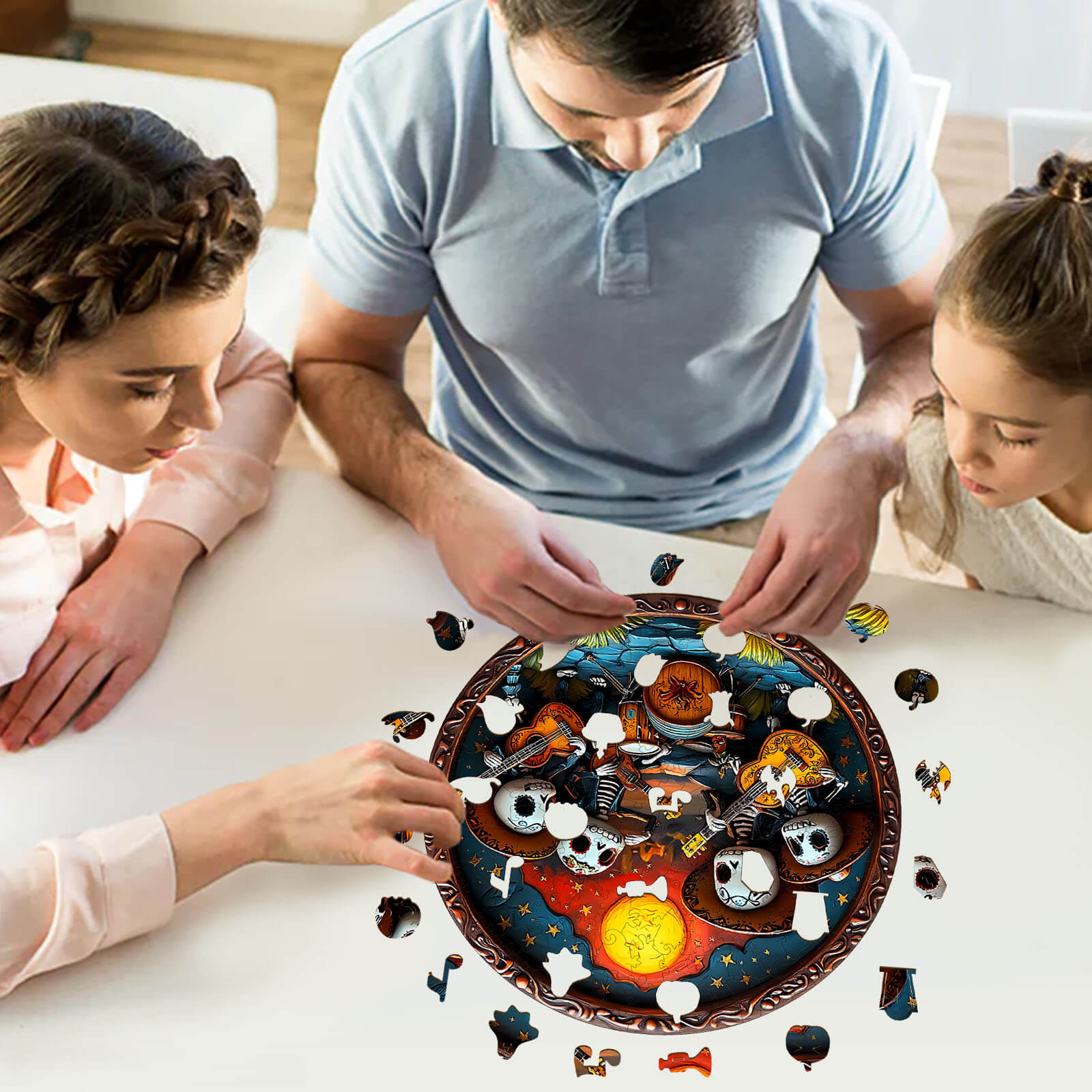 Family enjoying the 3D Mexican Bands wooden jigsaw puzzle together, enhancing focus and cognitive skills.