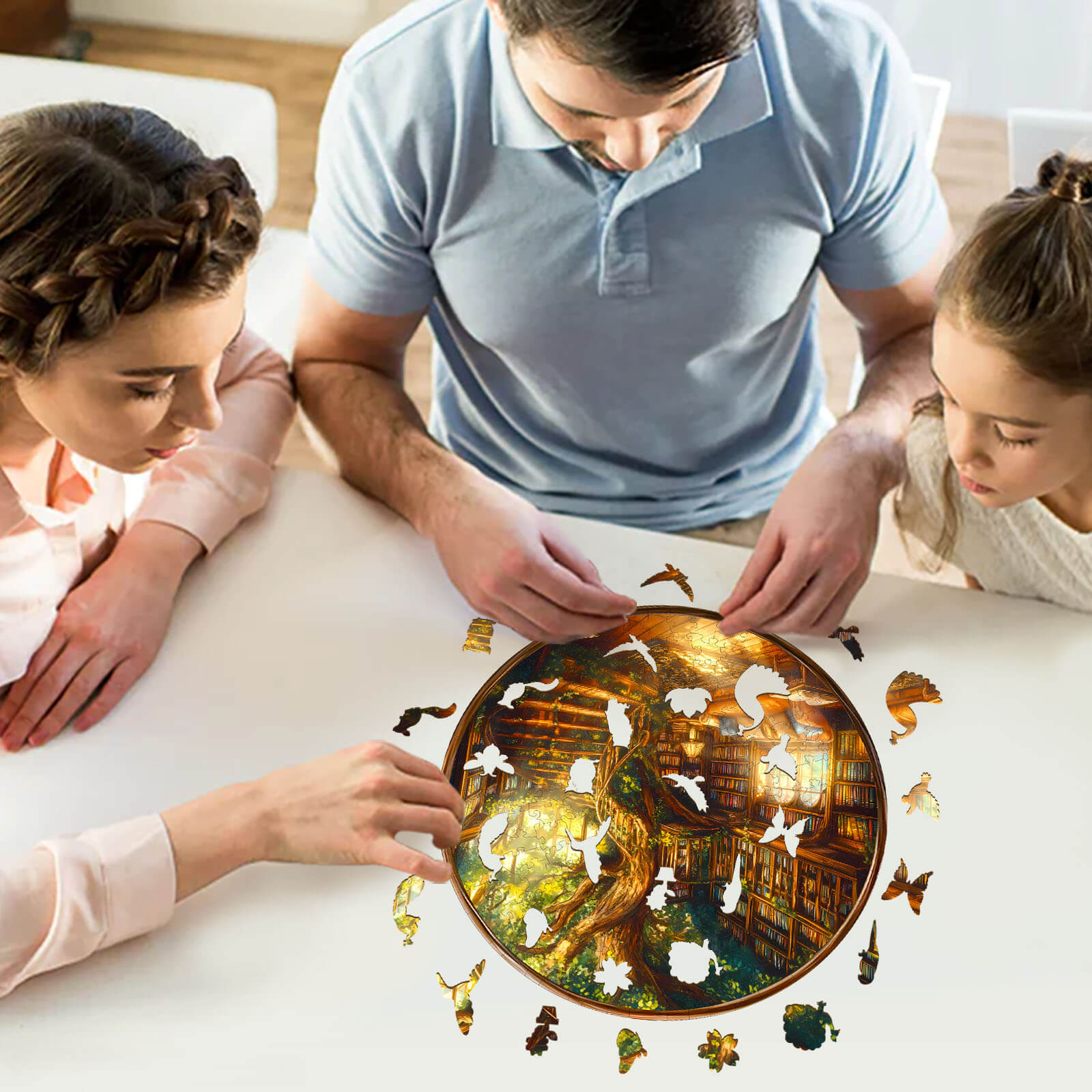 Family enjoying the Charming Bookstore wooden jigsaw puzzle together, promoting focus and smart thinking.