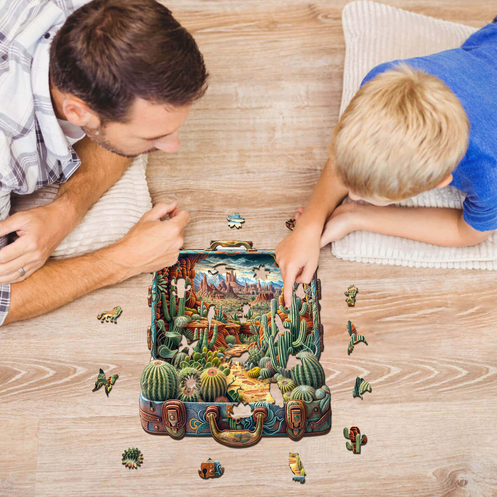 Father and son enjoying the Desert Odyssey-2 wooden jigsaw puzzle on a cozy floor, promoting focus and creativity.