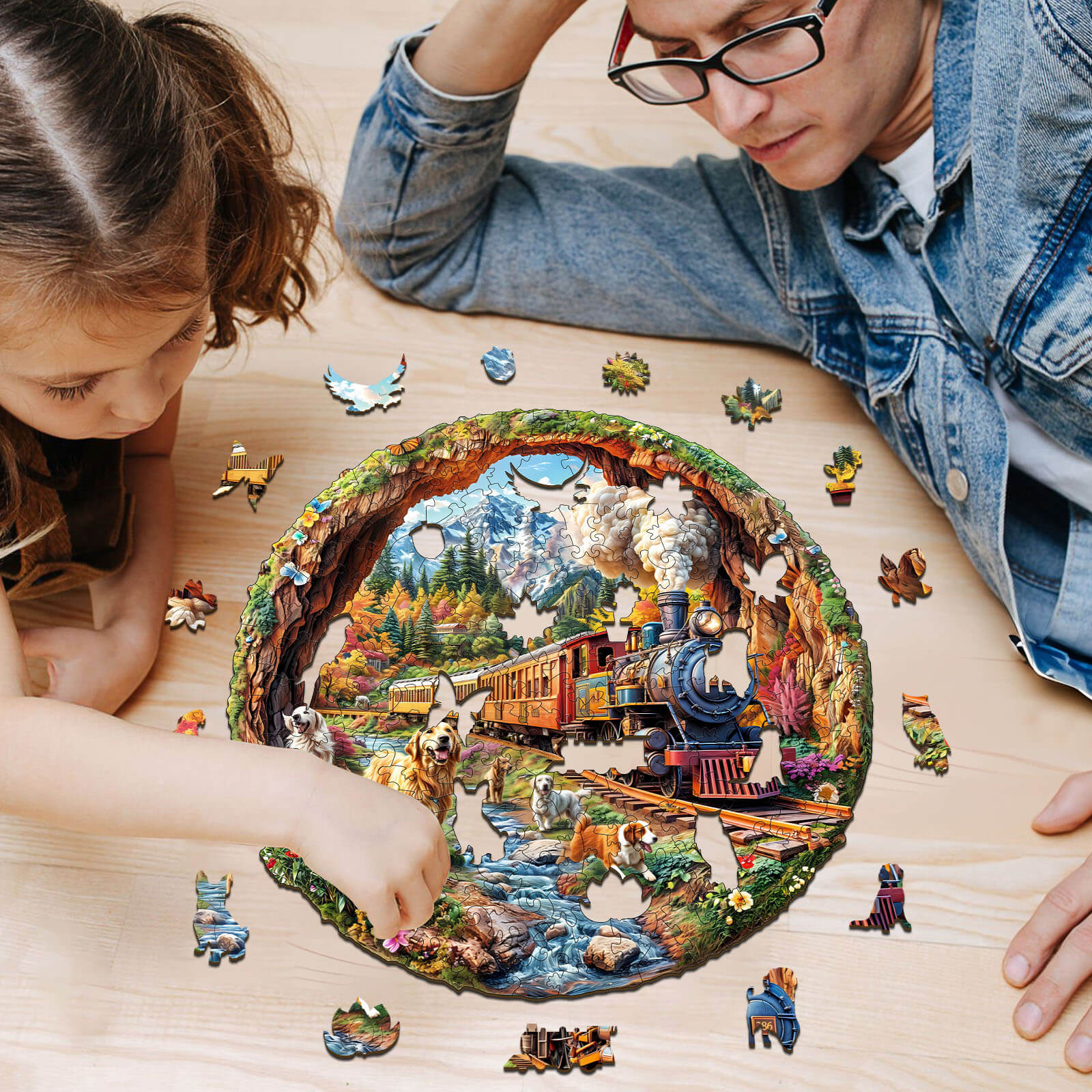 Father and child assembling a 3D Racing the Train-1 wooden jigsaw puzzle on a wooden table.