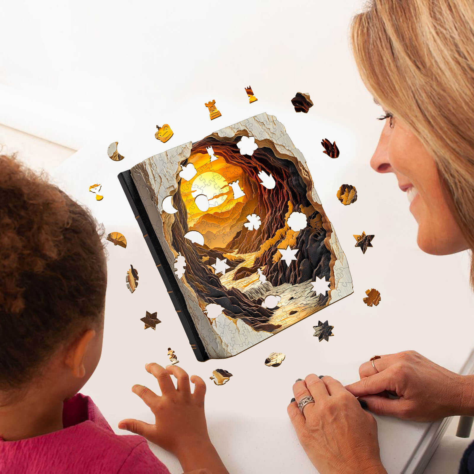 Enjoying a 3D Sunset in a Book Wooden Jigsaw Puzzle with family while enhancing focus and cognitive skills.