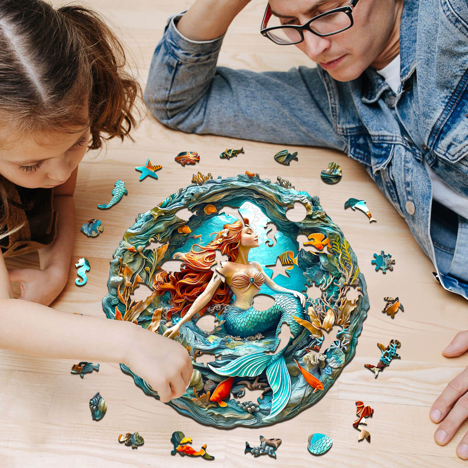 Father and daughter assembling a 3D Mermaid's Secret Cave wooden jigsaw puzzle on a wooden table.