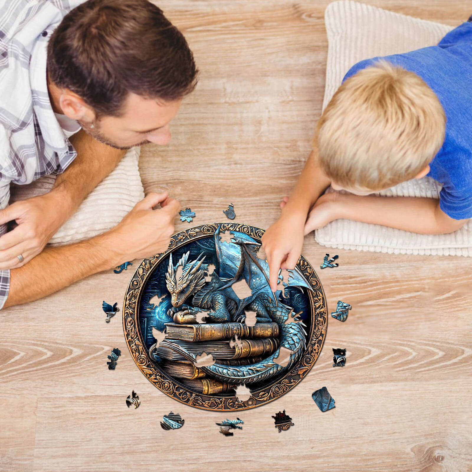 Father and son assembling a 3D Ancient protector wooden jigsaw puzzle, enhancing focus and problem-solving skills.